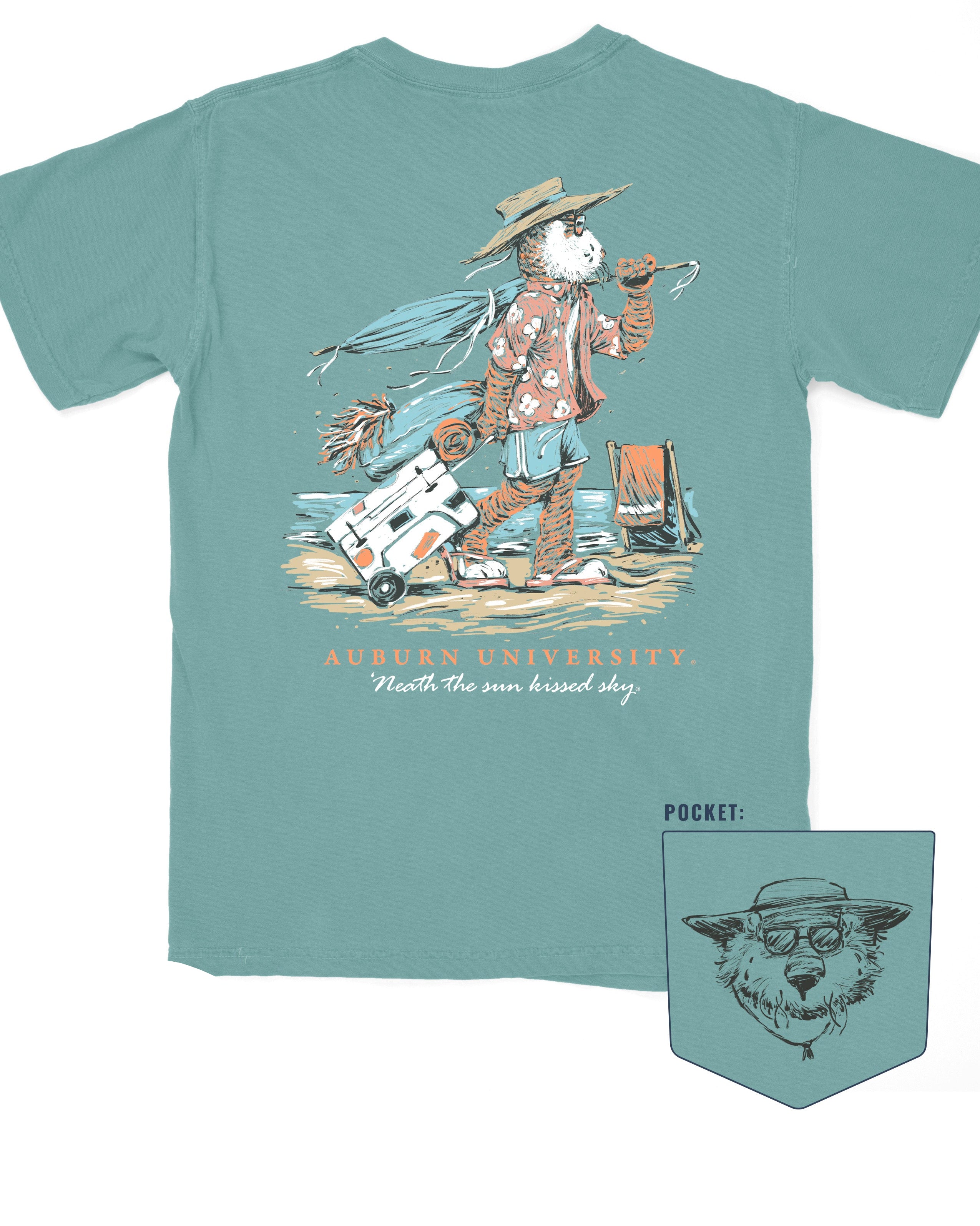 Auburn University Aubie Beach Light Green Comfort Colors T-Shirt with an image of Aubie the Tiger in beach clothes carrying an umbrella dragging a cooler across the sand