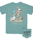 Auburn University Aubie Beach Light Green Comfort Colors T-Shirt with an image of Aubie the Tiger in beach clothes carrying an umbrella dragging a cooler across the sand