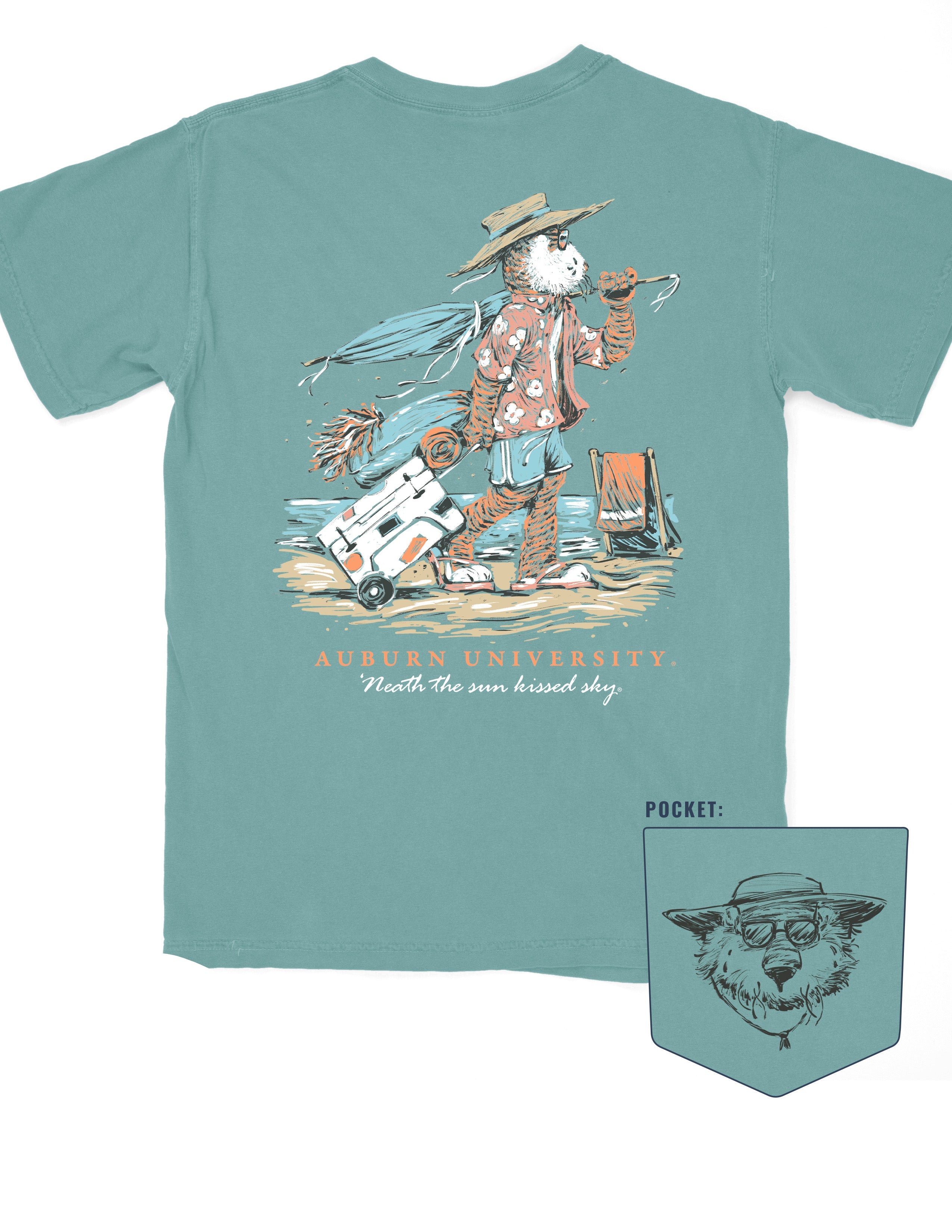 Auburn University Aubie Beach Light Green Comfort Colors T-Shirt with an image of Aubie the Tiger in beach clothes carrying an umbrella dragging a cooler across the sand