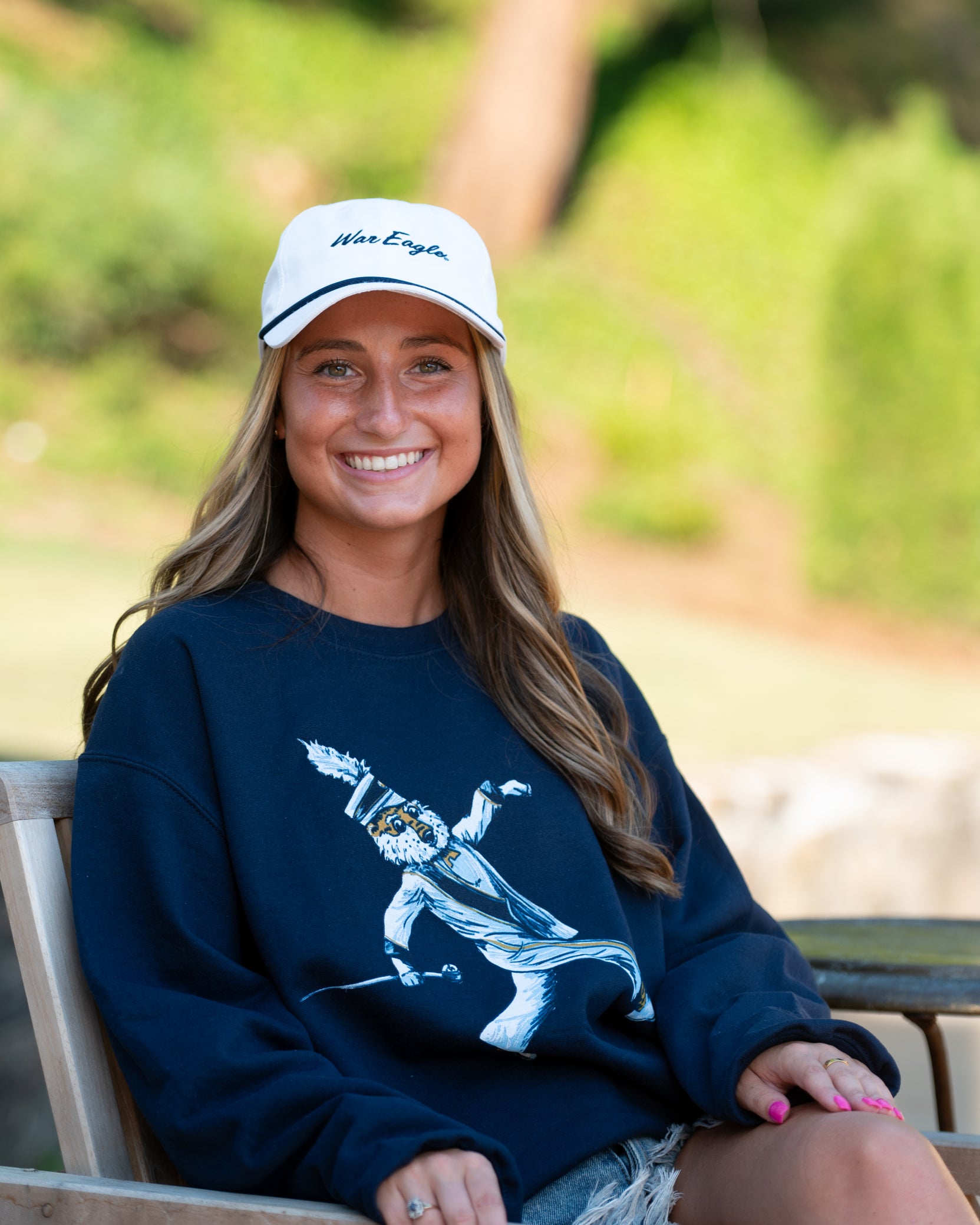 Auburn University Aubie Drum Major  Navy Hanes Sweatshirt with an image of Aubie the Tiger wearing a Drum Major's outfit and marching with the baton