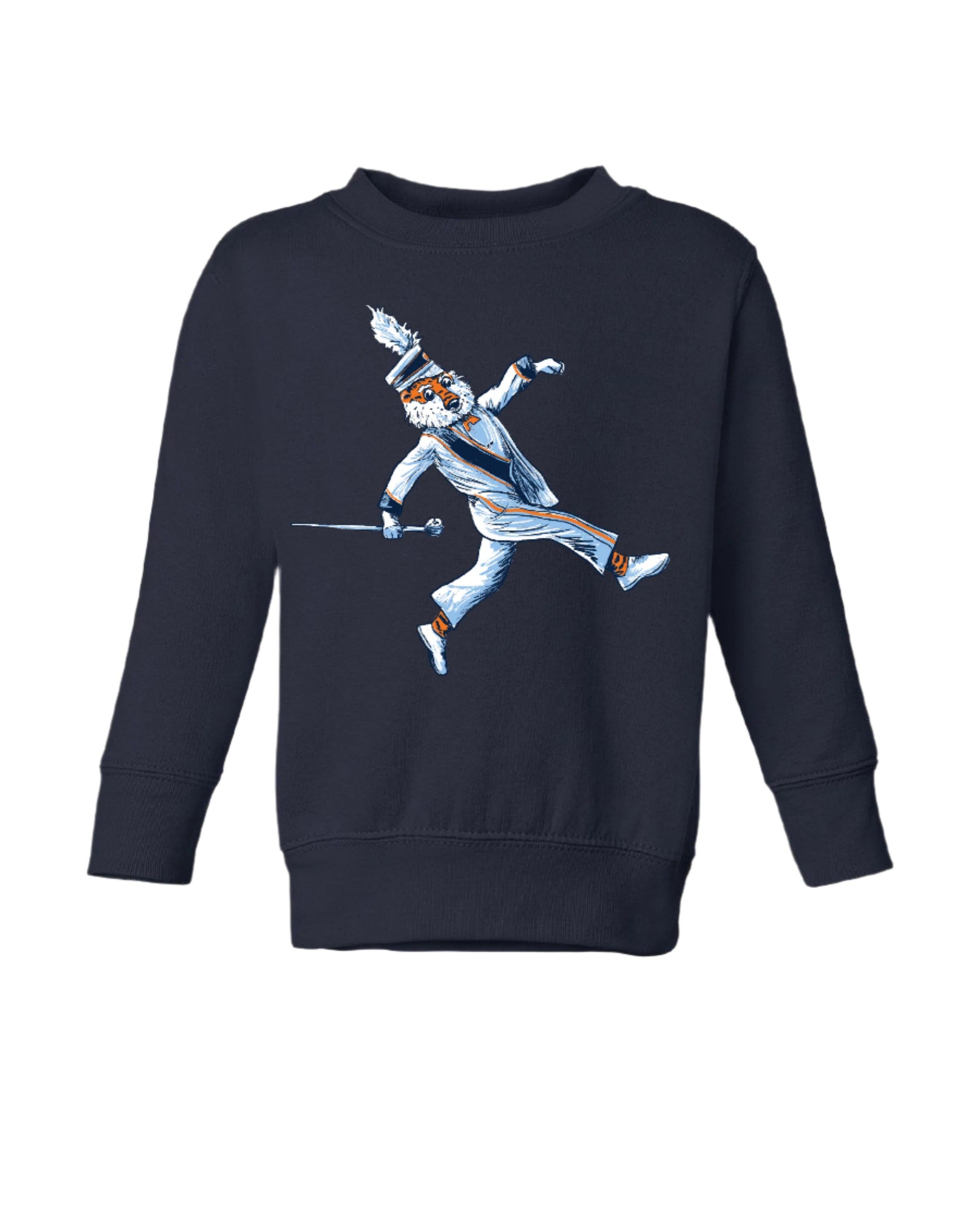 Auburn University Aubie Drum Major  Navy Gildan Sweatshirt (Youth) with an image of Aubie the Tiger wearing a Drum Major's outfit and marching with the baton