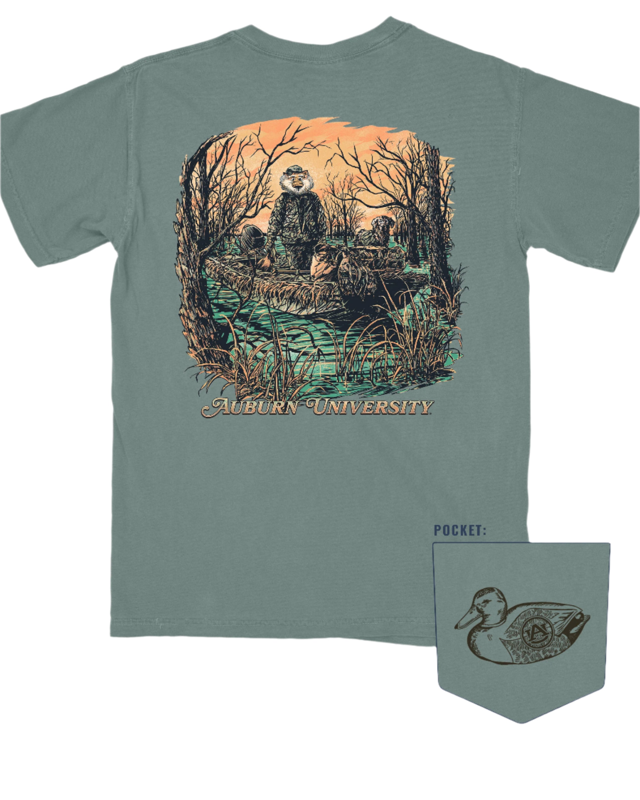Auburn University Aubie Duck Hunt Blue Spruce Comfort Colors T-Shirt with an image of Aubie the Tiger wearing hunting gear with a dog in a boat in the swamp