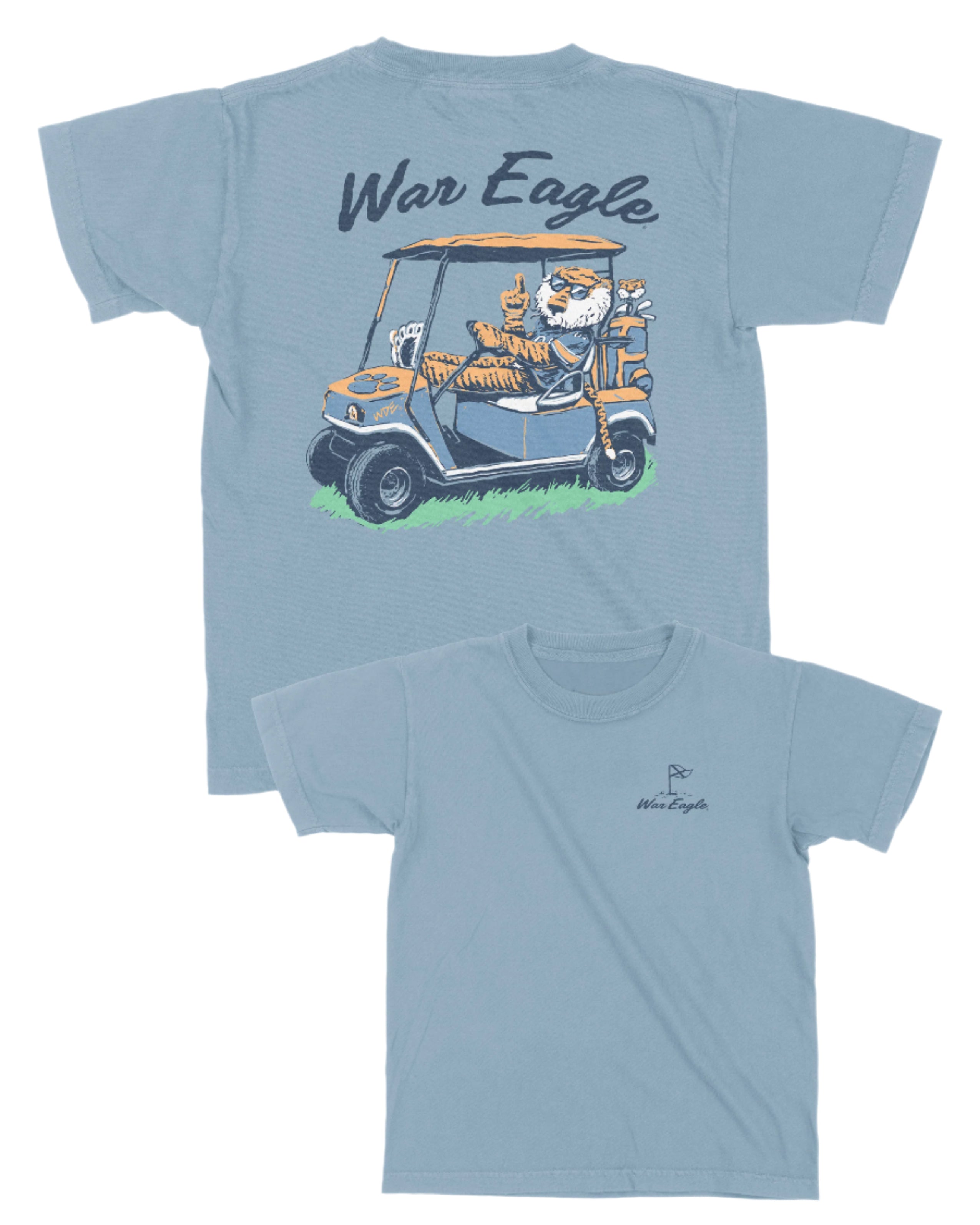 Auburn University Aubie Golf Cart Ice Blue Comfort Colors T-Shirt  with the text "War Eagle" above an image of Aubie the Tiger wearing sunglasses and driving a golf cart