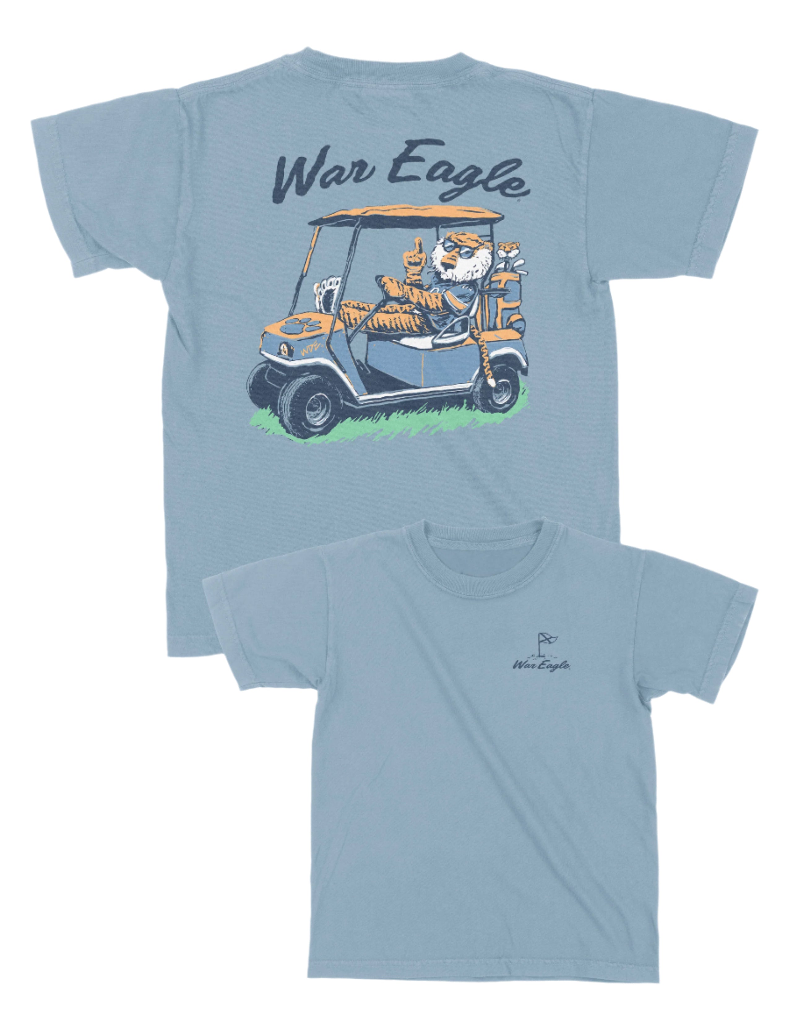 Auburn University Aubie Golf Cart Ice Blue Comfort Colors T-Shirt  with the text "War Eagle" above an image of Aubie the Tiger wearing sunglasses and driving a golf cart