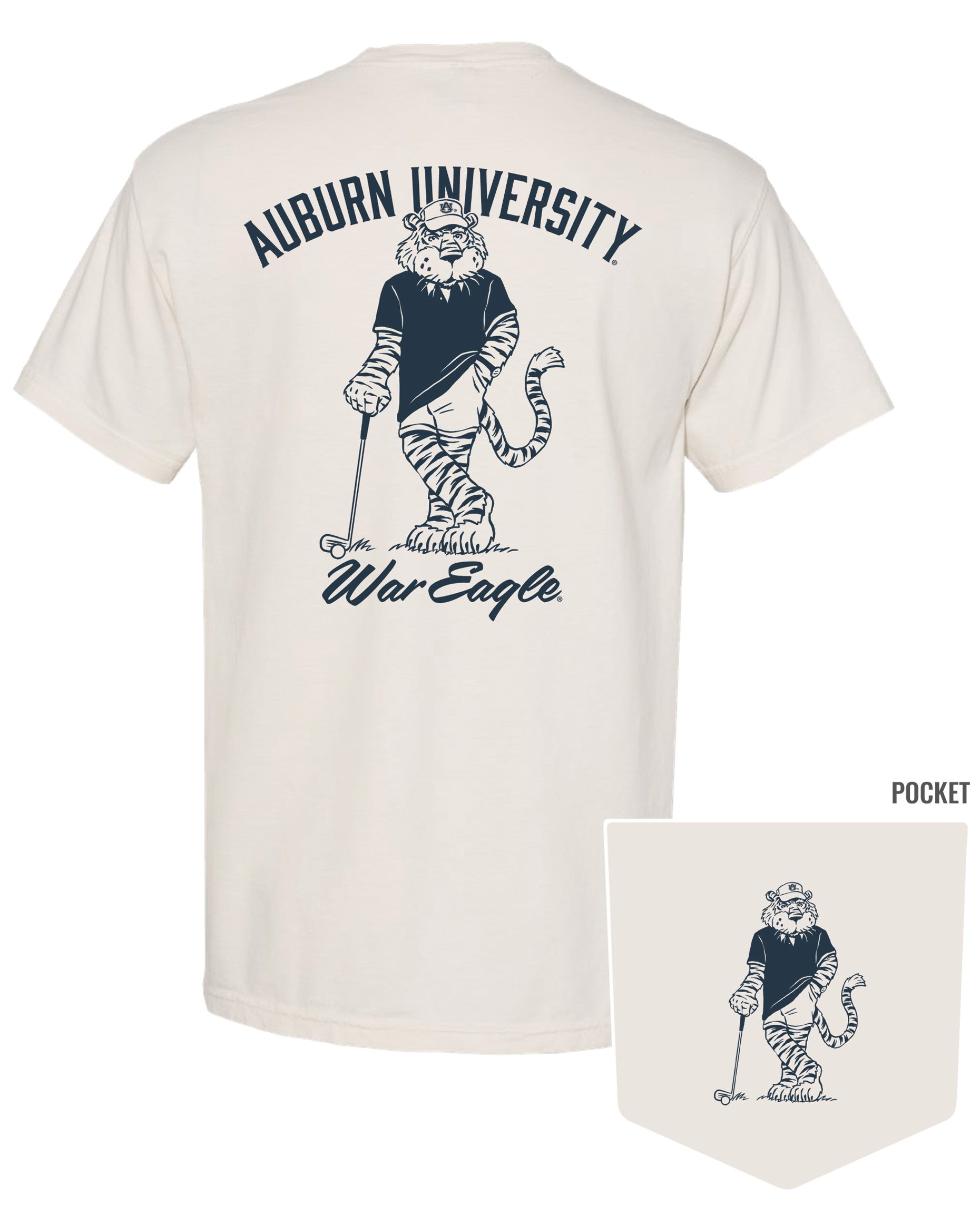 Auburn University Ivory T-Shirt with an image of Aubie leaning against a golf club between Navy Text "Auburn University" and "War Eagle"