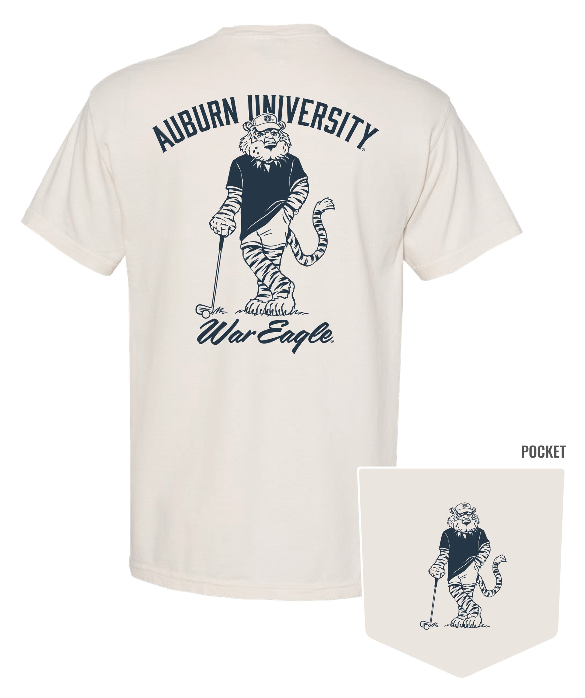 Auburn University Ivory T-Shirt with an image of Aubie leaning against a golf club between Navy Text "Auburn University" and "War Eagle"