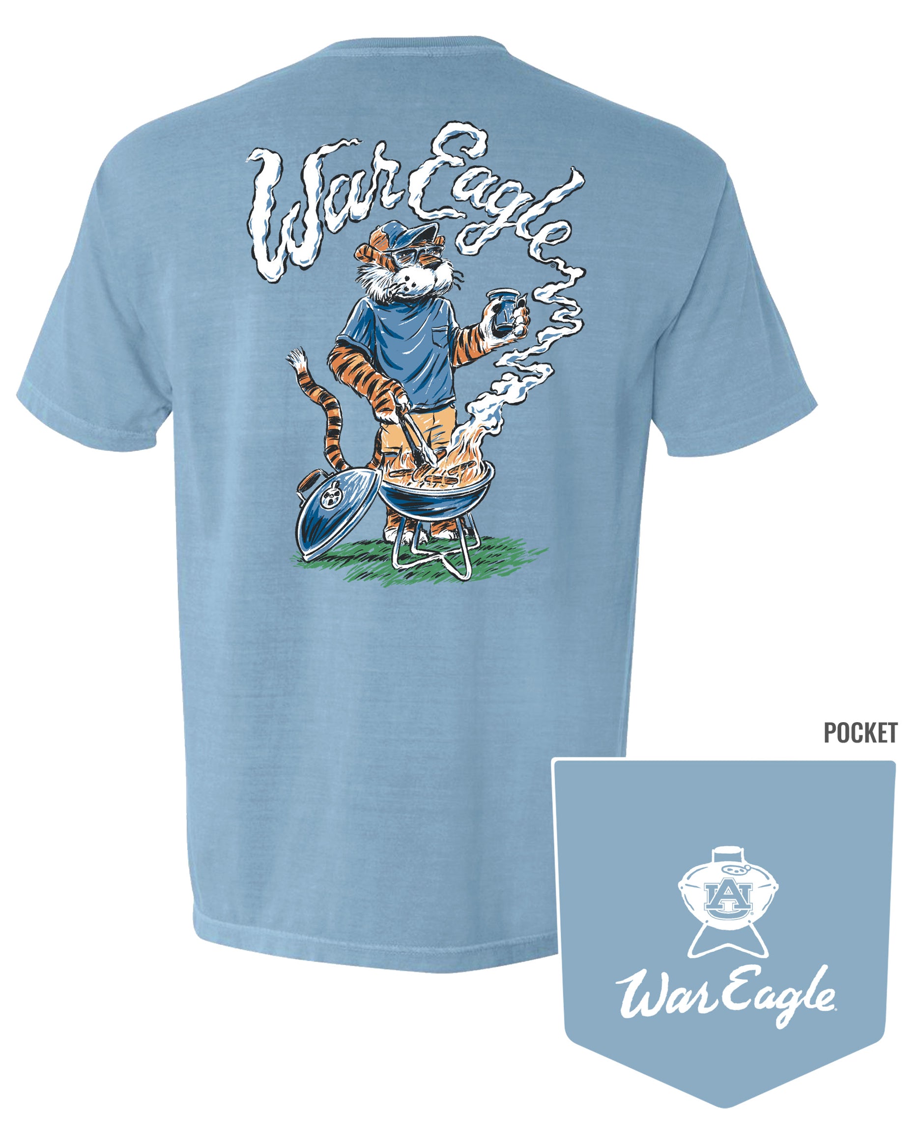 Auburn University Blue T-Shirt with a drawing of Aubie grilling and the words “War Eagle” written in the smoke