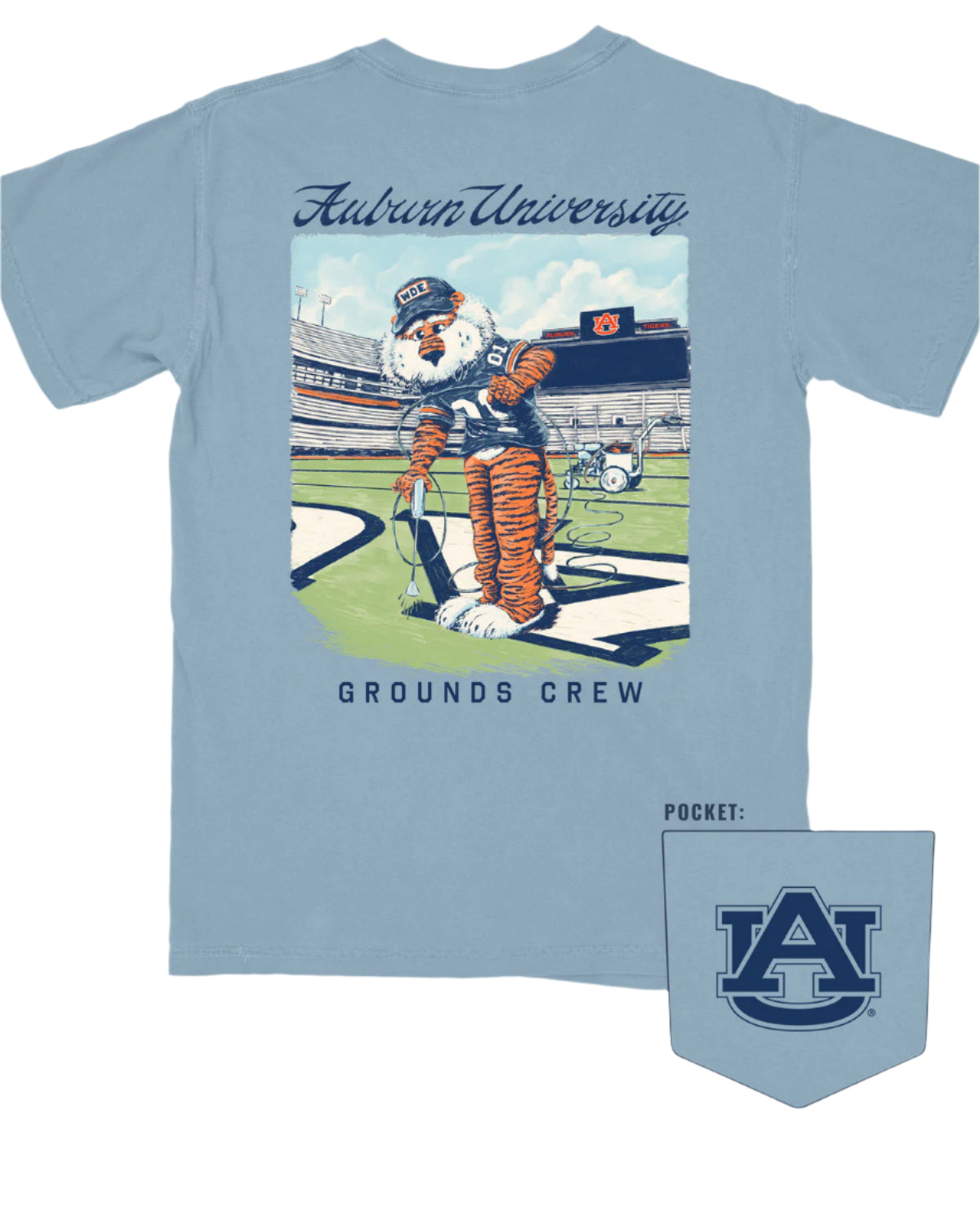 Auburn University Aubie Grounds Crew Ice Blue Comfort Colors T-Shirt with an image of Aubie the Tiger wearing a hat and painting the turf on the football field