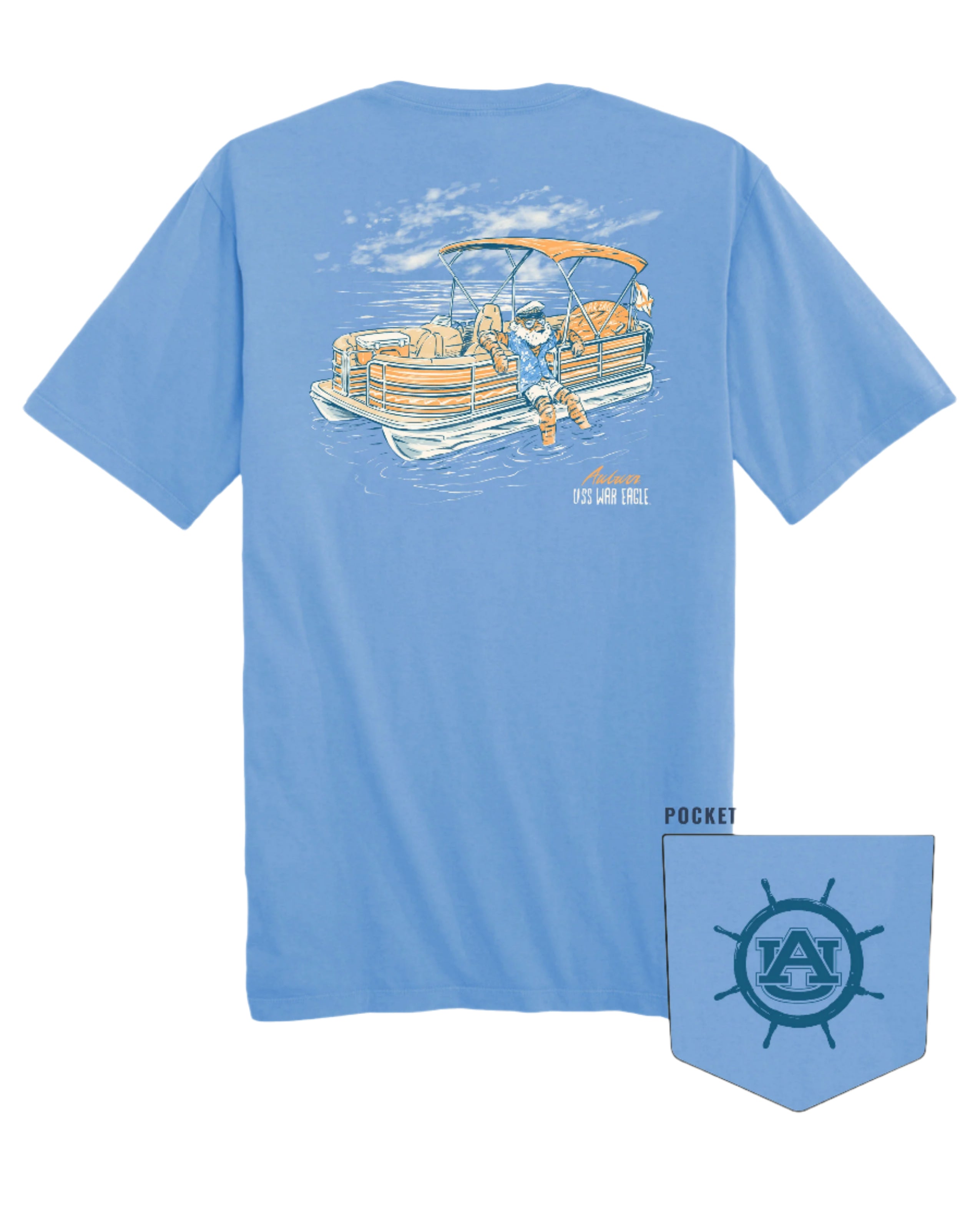 Auburn University  Aubie Pontoon Azure Comfort Colors T-Shirt with an image of Aubie the Tiger lounging on the side of an Orange and White Pontoon Boat  with the text "USS WAR EAGLE" below