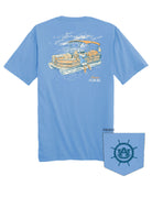 Auburn University  Aubie Pontoon Azure Comfort Colors T-Shirt with an image of Aubie the Tiger lounging on the side of an Orange and White Pontoon Boat  with the text "USS WAR EAGLE" below