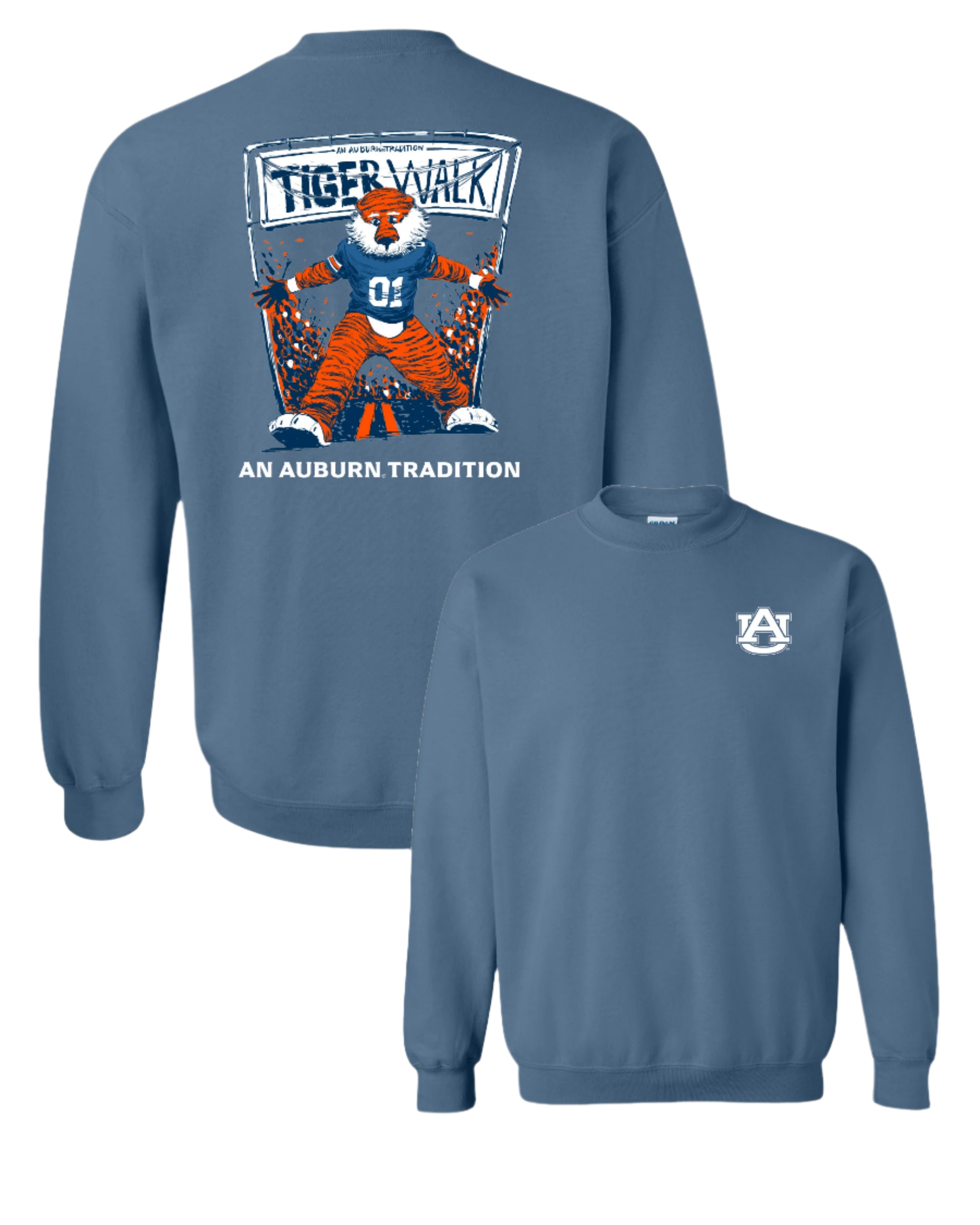 Auburn University Aubie Tiger Walk Indigo Blue Gildan Sweatshirt with an image of Aubie the Tiger leading a parade under a banner with the text "Tiger Walk"
