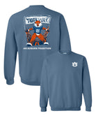 Auburn University Aubie Tiger Walk Indigo Blue Gildan Sweatshirt with an image of Aubie the Tiger leading a parade under a banner with the text "Tiger Walk"