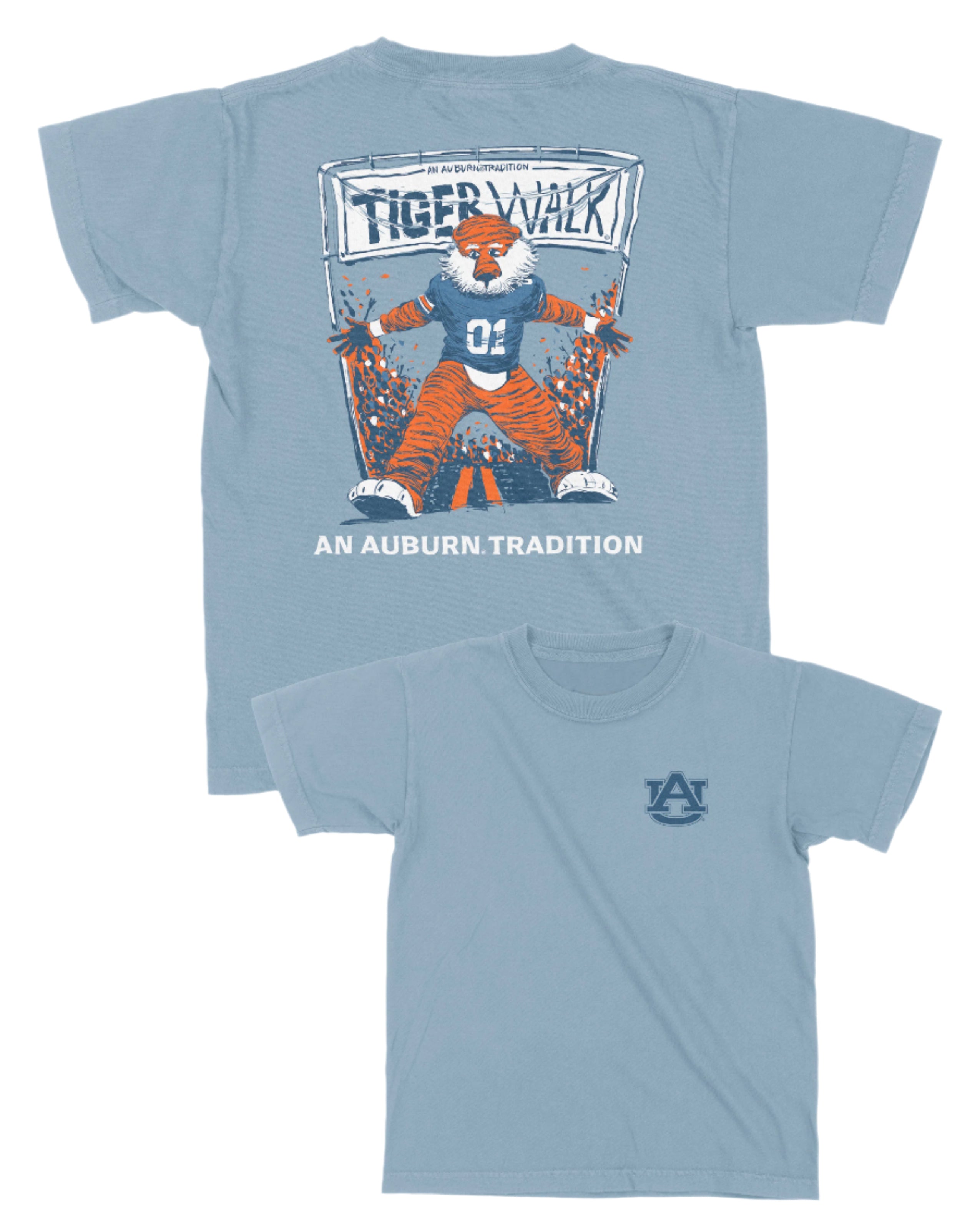 Auburn University Aubie Tiger Walk Ice Blue Gildan Youth Tee with an image of Aubie the Tiger leading a parade under a banner with the text "Tiger Walk"