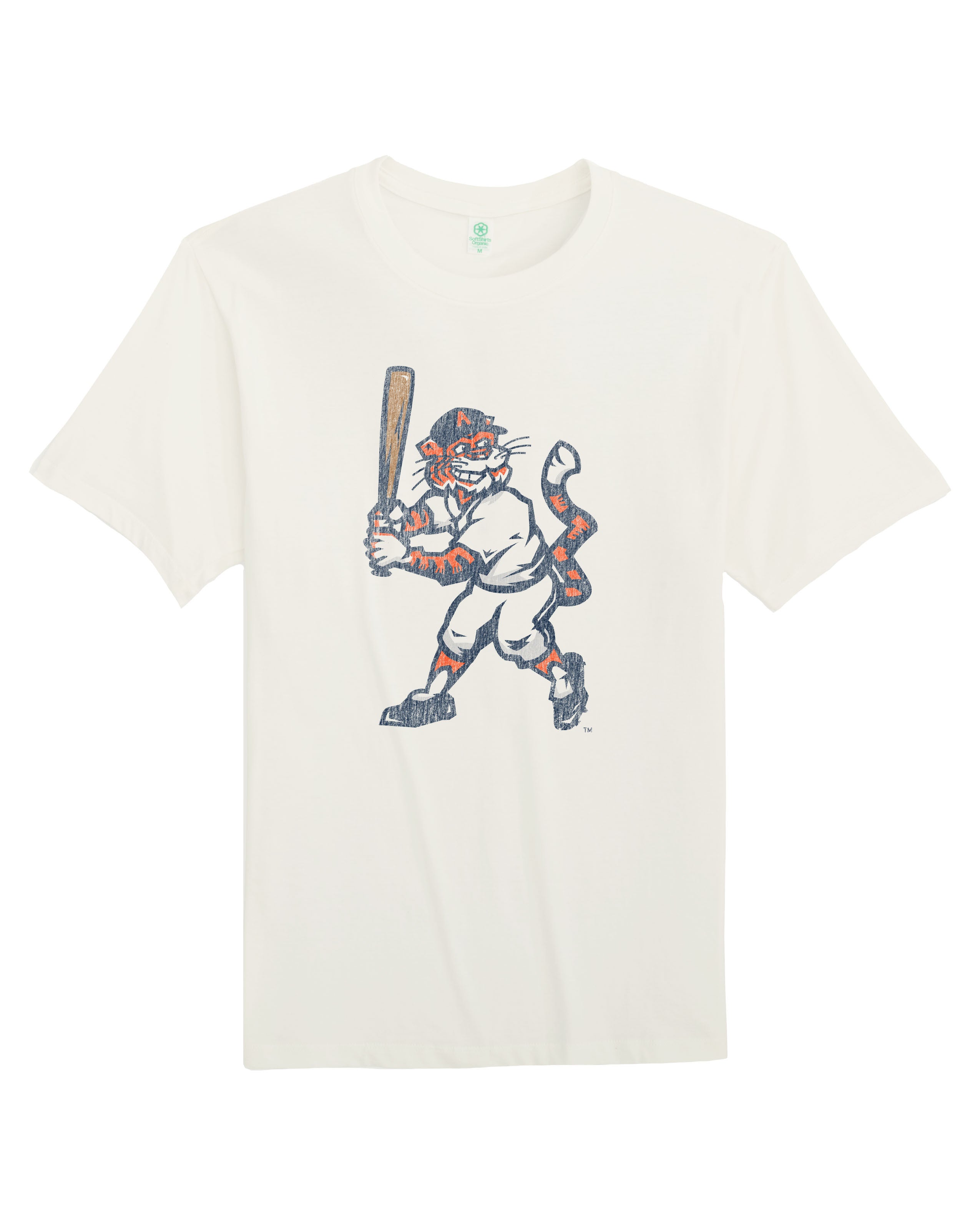 Auburn University Aubie Vintage Baseball Ivory SoftShirts T-Shirt with an image of a vintage Aubie in a baseball uniform holding a baseball bat