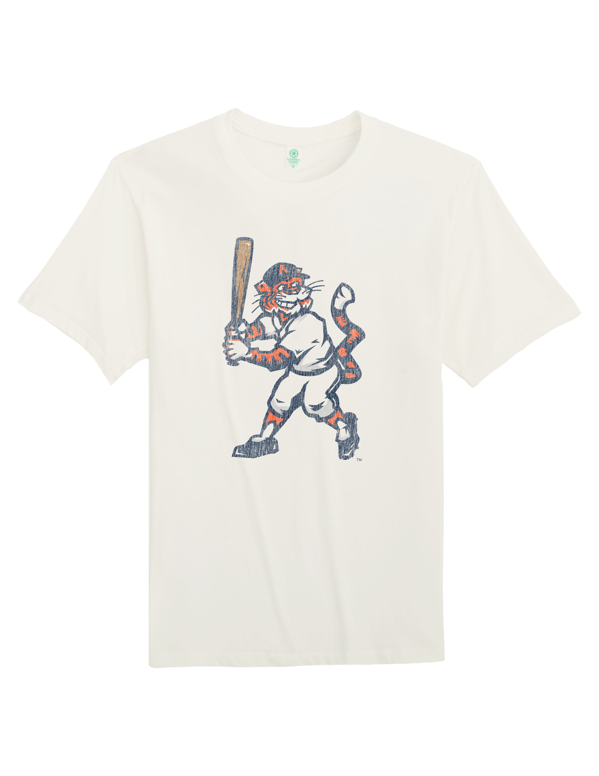 Auburn University Aubie Vintage Baseball Ivory  SoftShirts T-Shirt with an image of a vintage Aubie in a baseball uniform holding a baseball bat