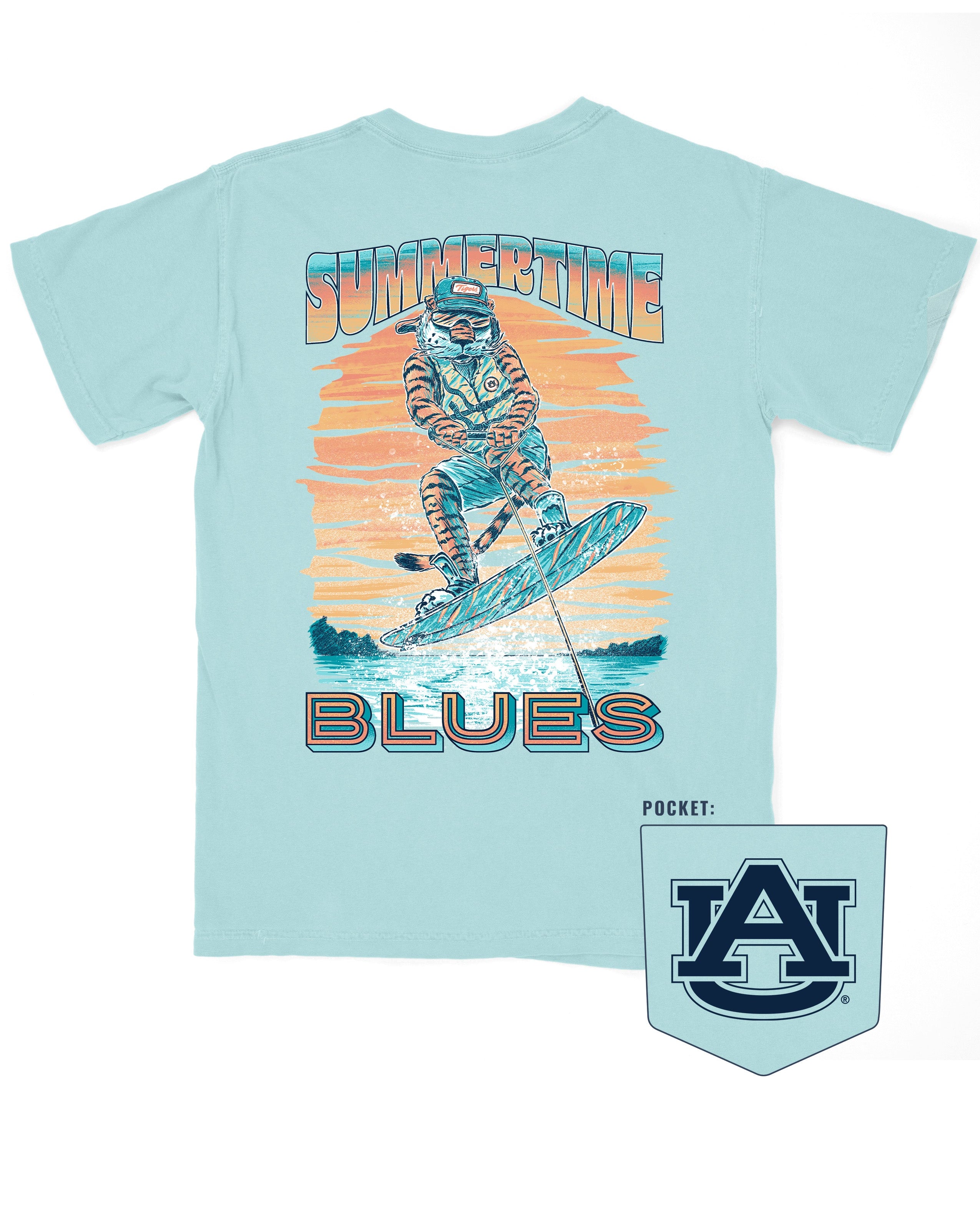 Auburn University Light Blue T-Shirt with an image of Aubie wakeboarding in between text “Summertime Blues”