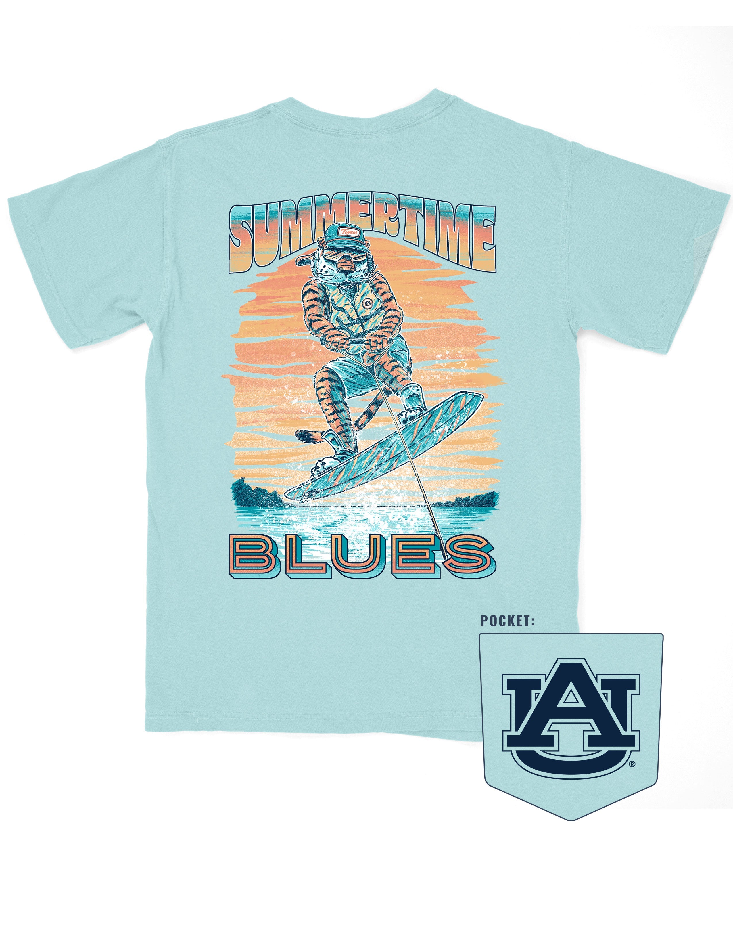 Auburn University Light Blue T-Shirt with an image of Aubie wakeboarding in between text “Summertime Blues”