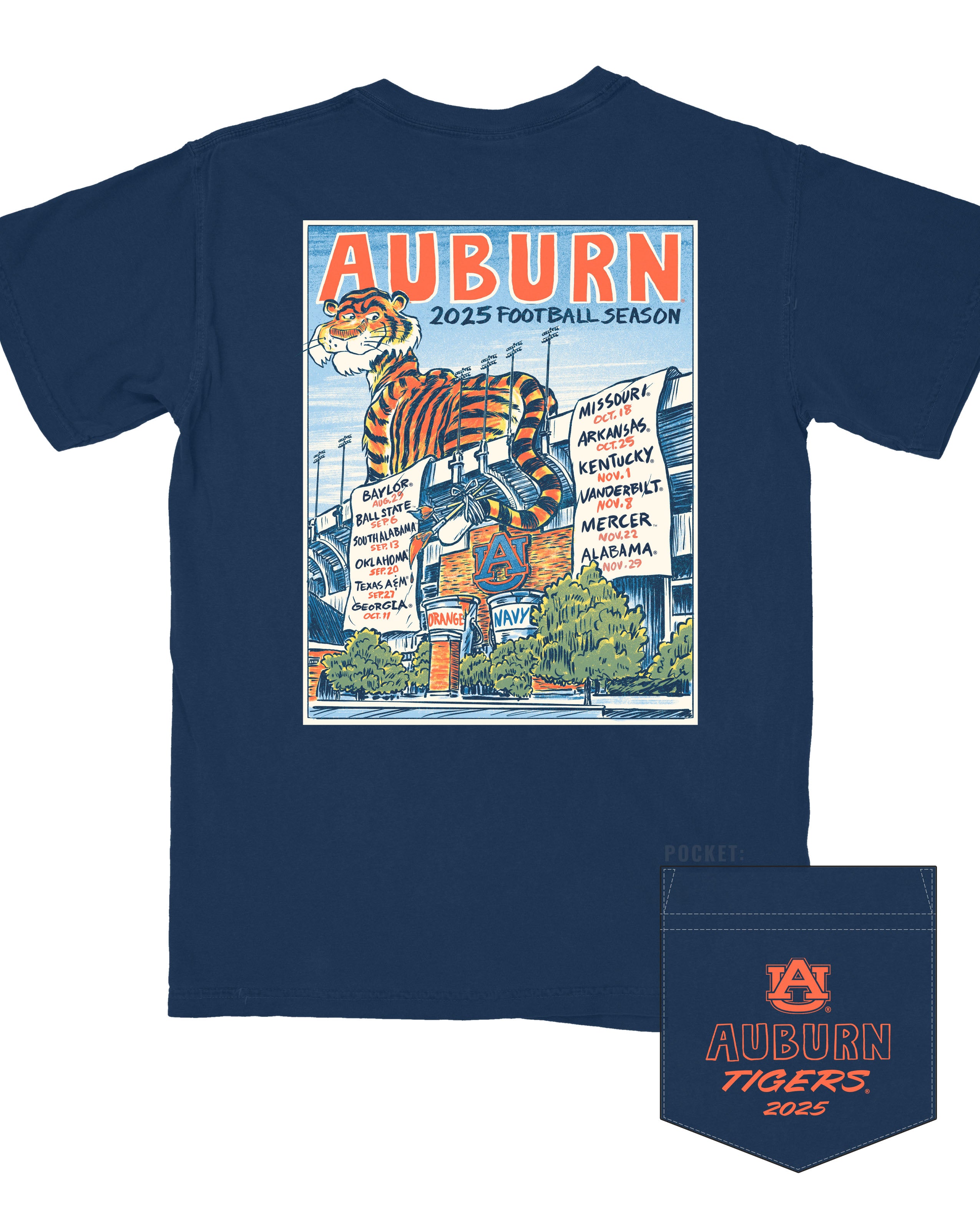 Auburn University Navy T-Shirt with an image of Aubie laying on the stadium and painting the Auburn football schedule on two banners