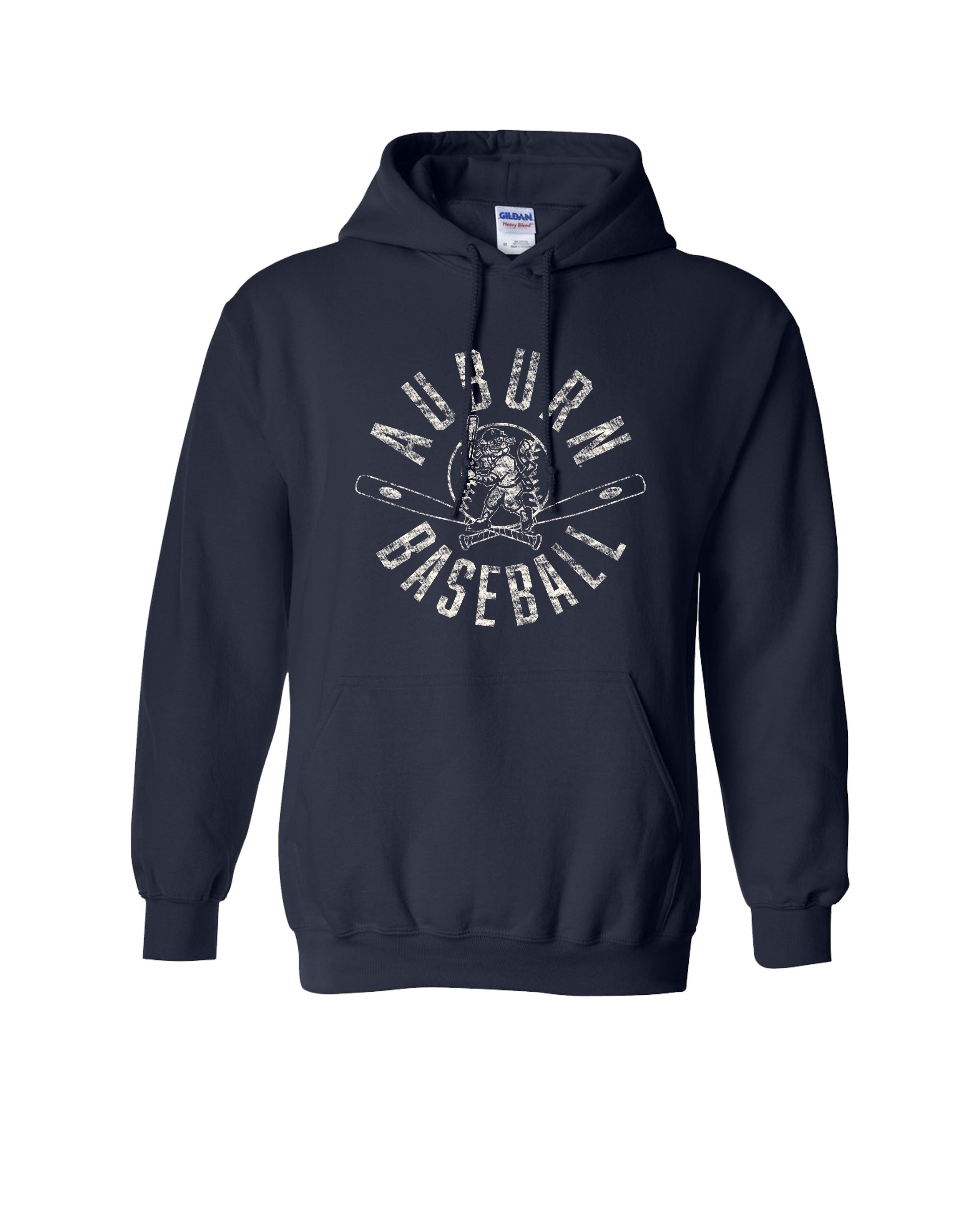 Auburn University Distressed Navy Hoodie with a White Baseball featuring the Original Aubie Baseball logo over crossed baseball bats, surrounded by White text “Auburn Baseball”