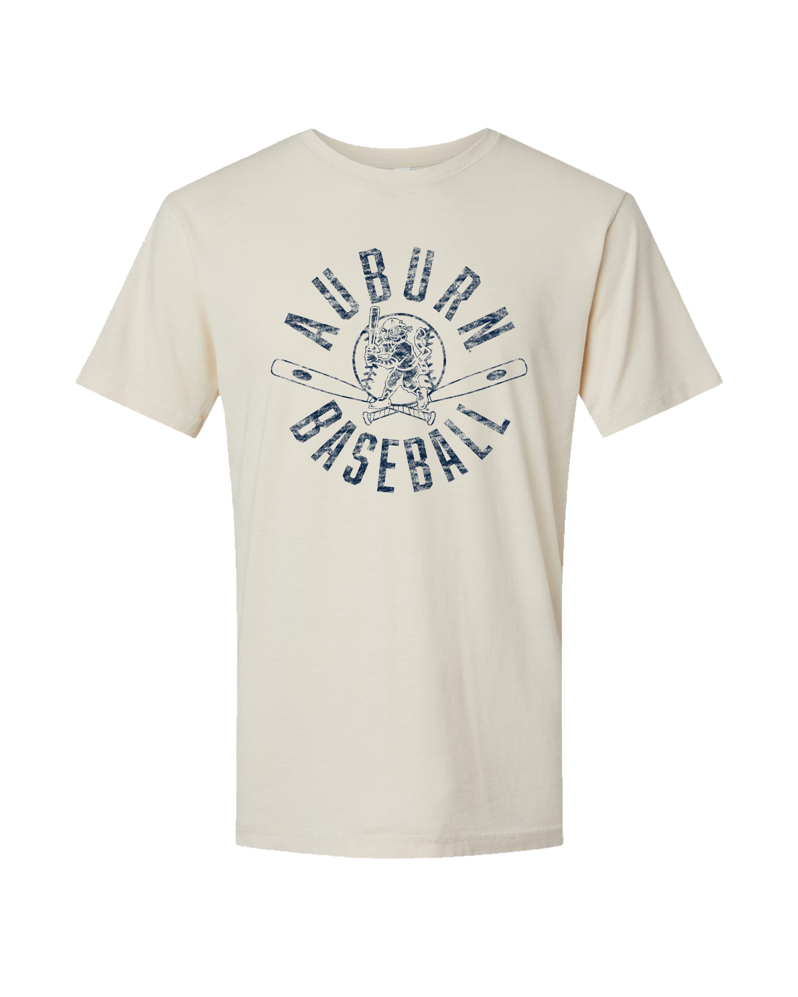 Auburn University Distressed Ivory with a Blue Baseball featuring the Original Aubie Baseball logo over crossed baseball bats, surrounded by Blue text “Auburn Baseball”