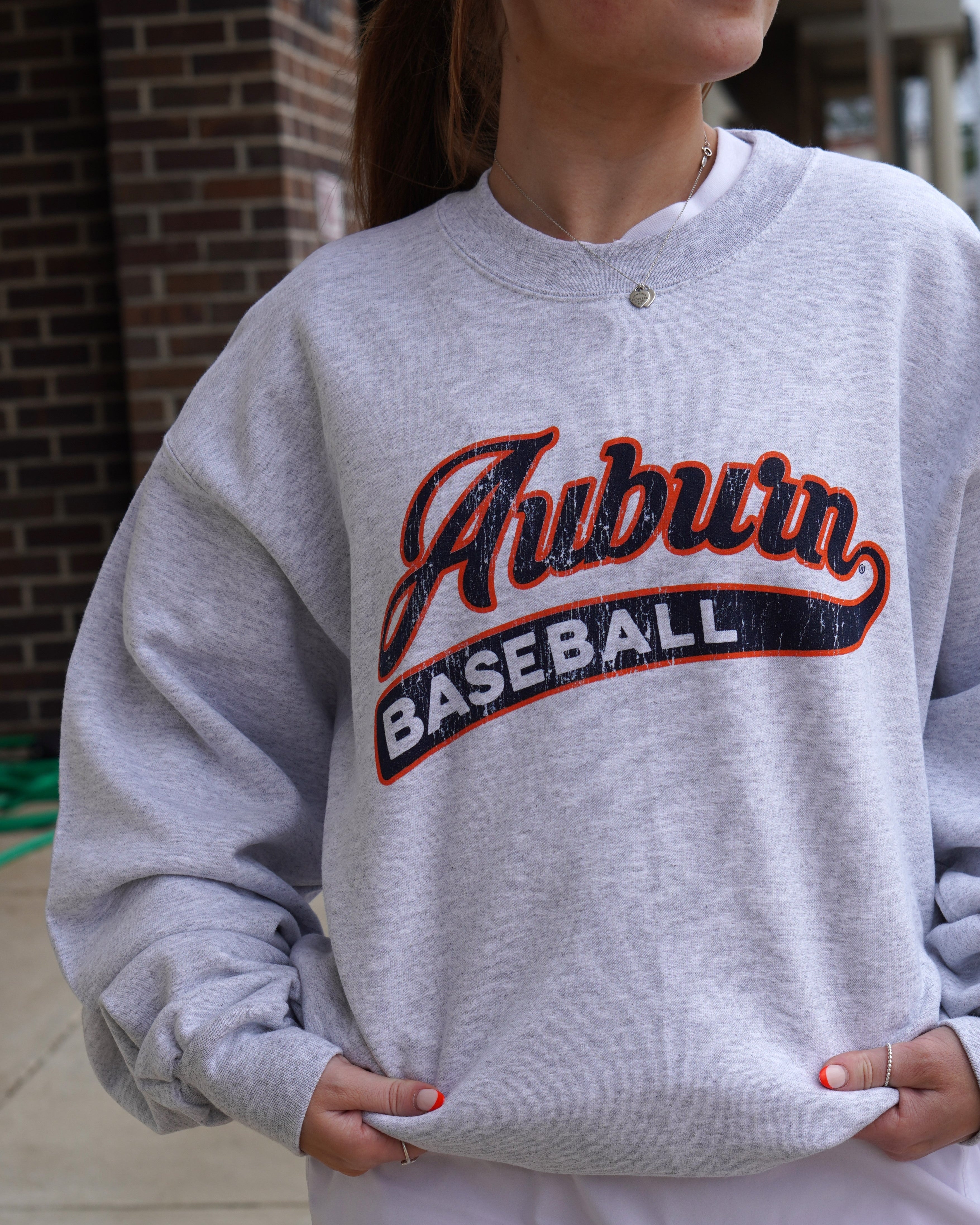 Auburn University Auburn Baseball Grey Gildan Crewneck with Navy script "Auburn" and white text "BASEBALL" inside of the script tail