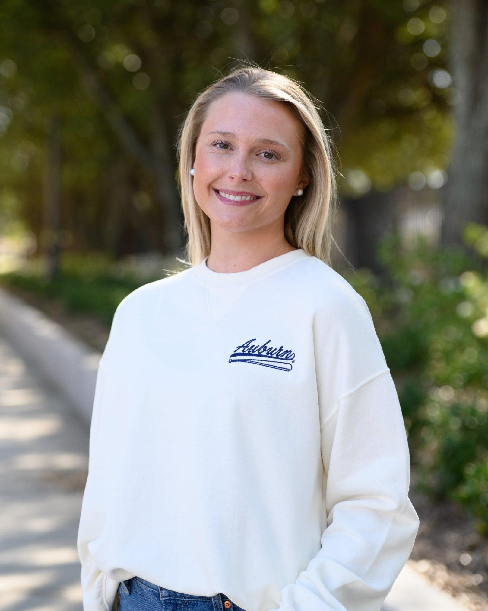 Auburn University Cream Sweatshirt with Navy “Auburn” script and baseball bat embroidery