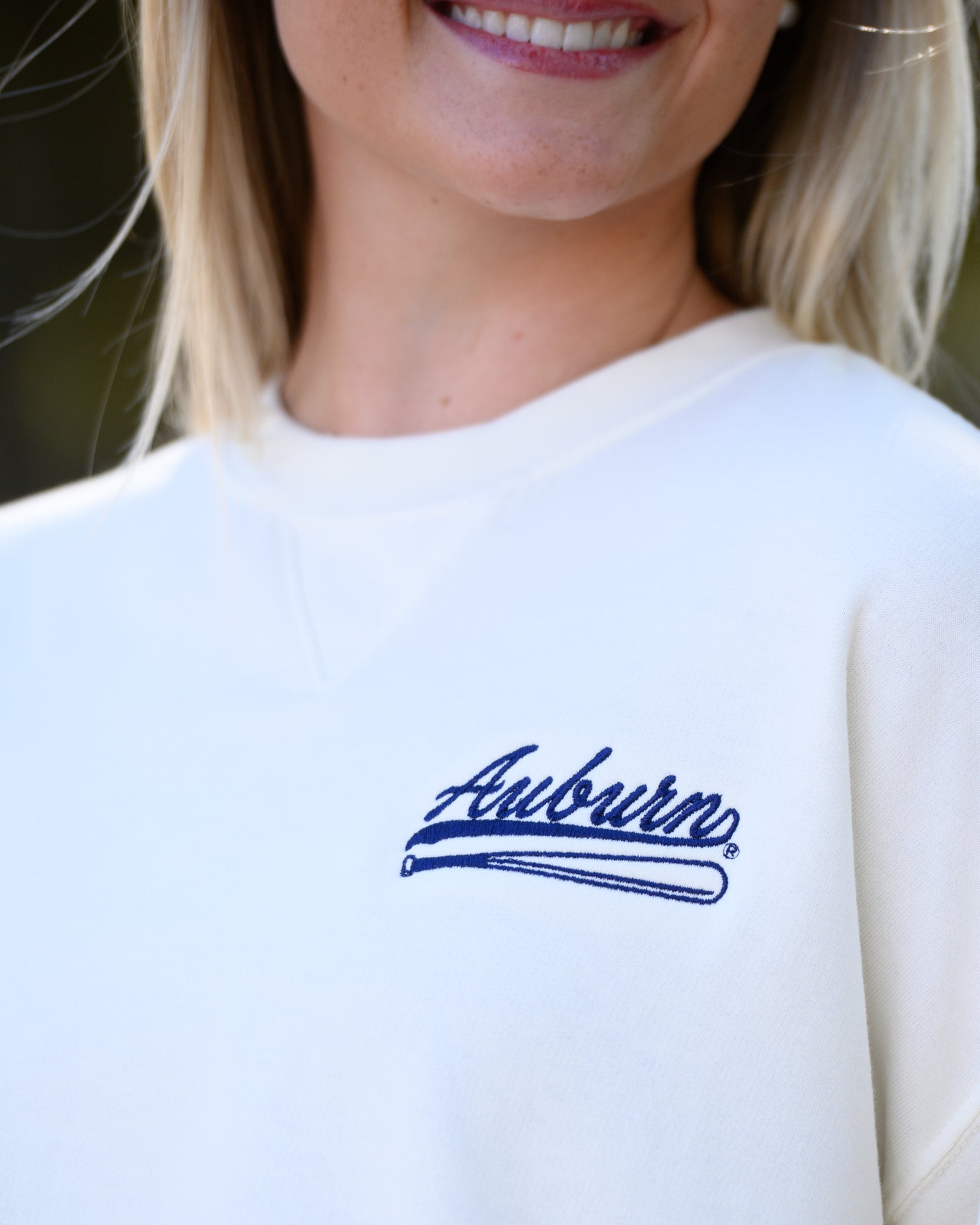 Auburn University Cream Sweatshirt with Navy “Auburn” script and baseball bat embroidery