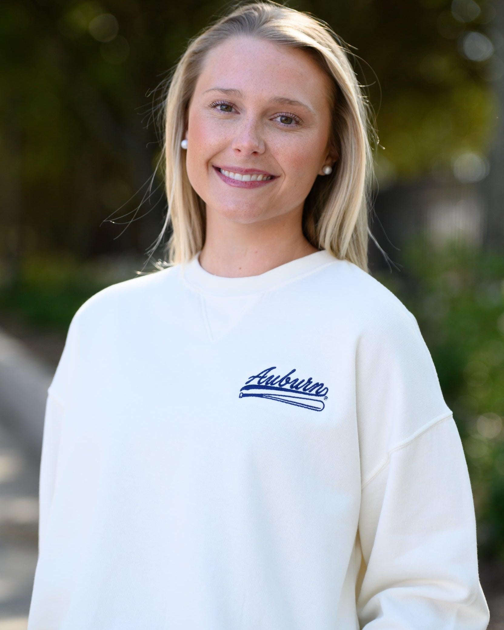 Auburn University Cream Sweatshirt with Navy “Auburn” script and baseball bat embroidery