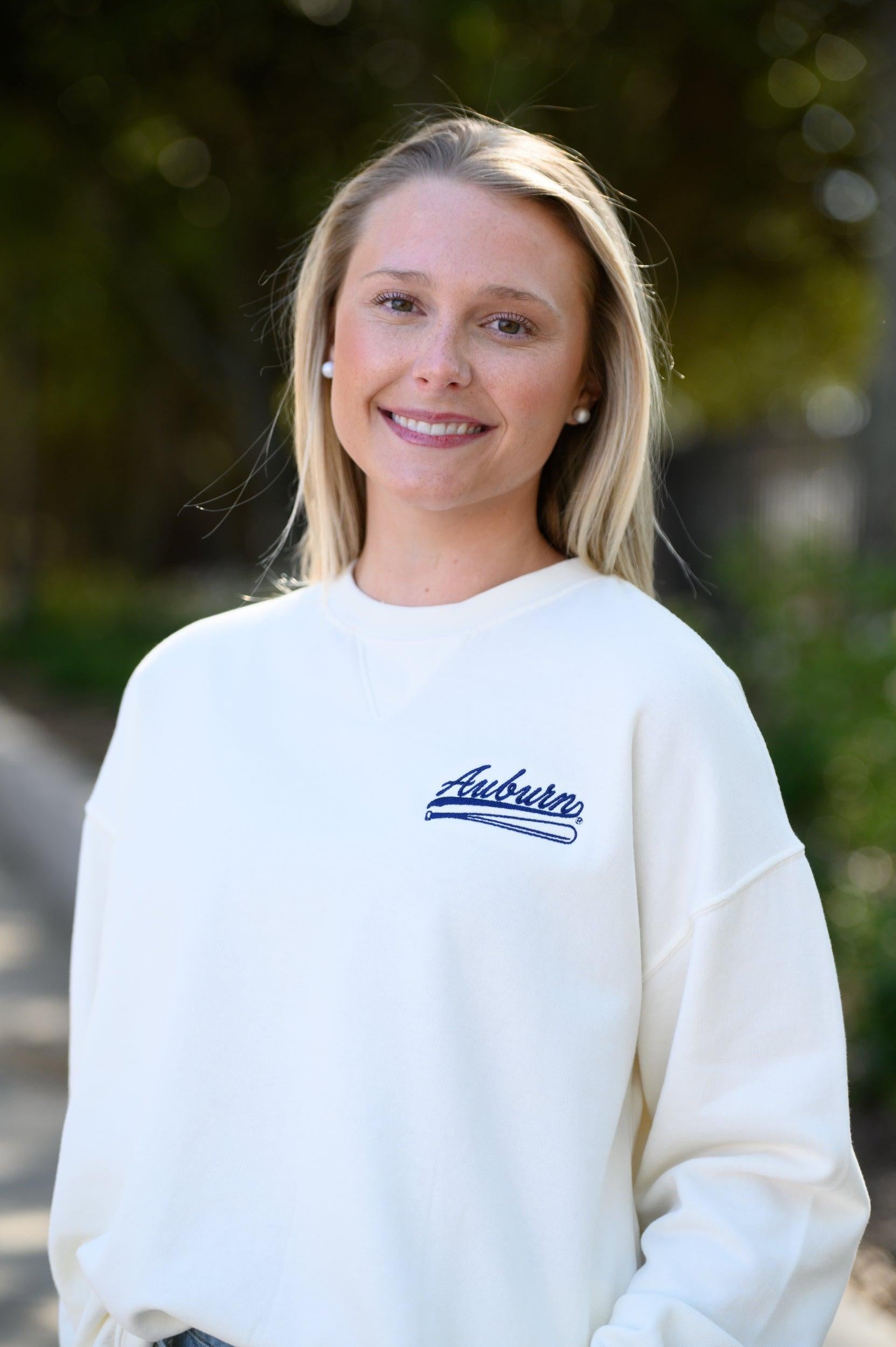 Auburn University Cream Sweatshirt with Navy “Auburn” script and baseball bat embroidery