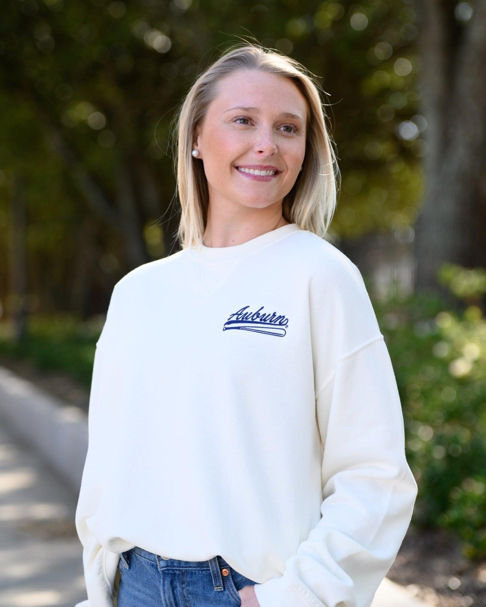Auburn University Cream Sweatshirt with Navy “Auburn” script and baseball bat embroidery