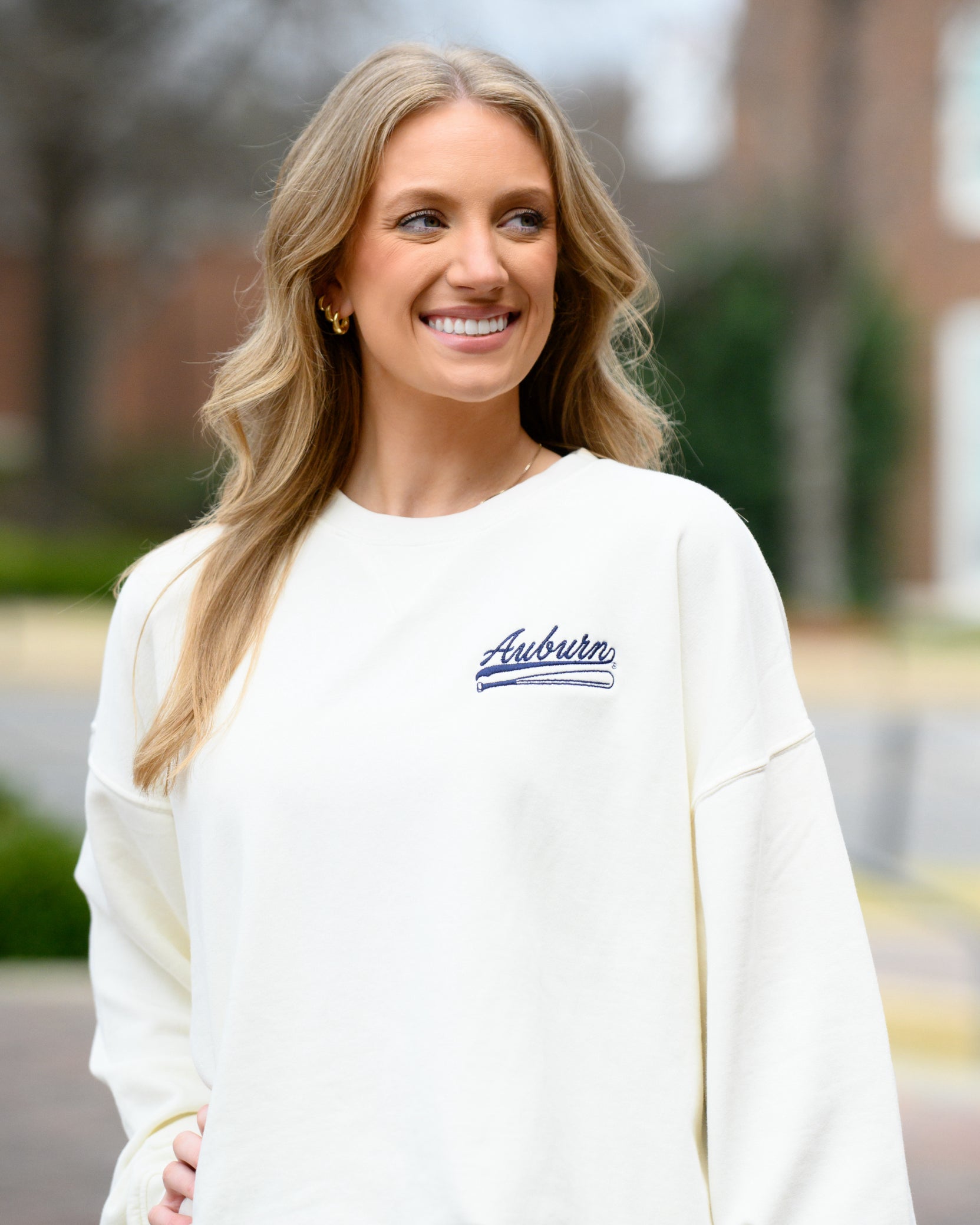 Auburn University Cream Sweatshirt with Navy “Auburn” script and baseball bat embroidery
