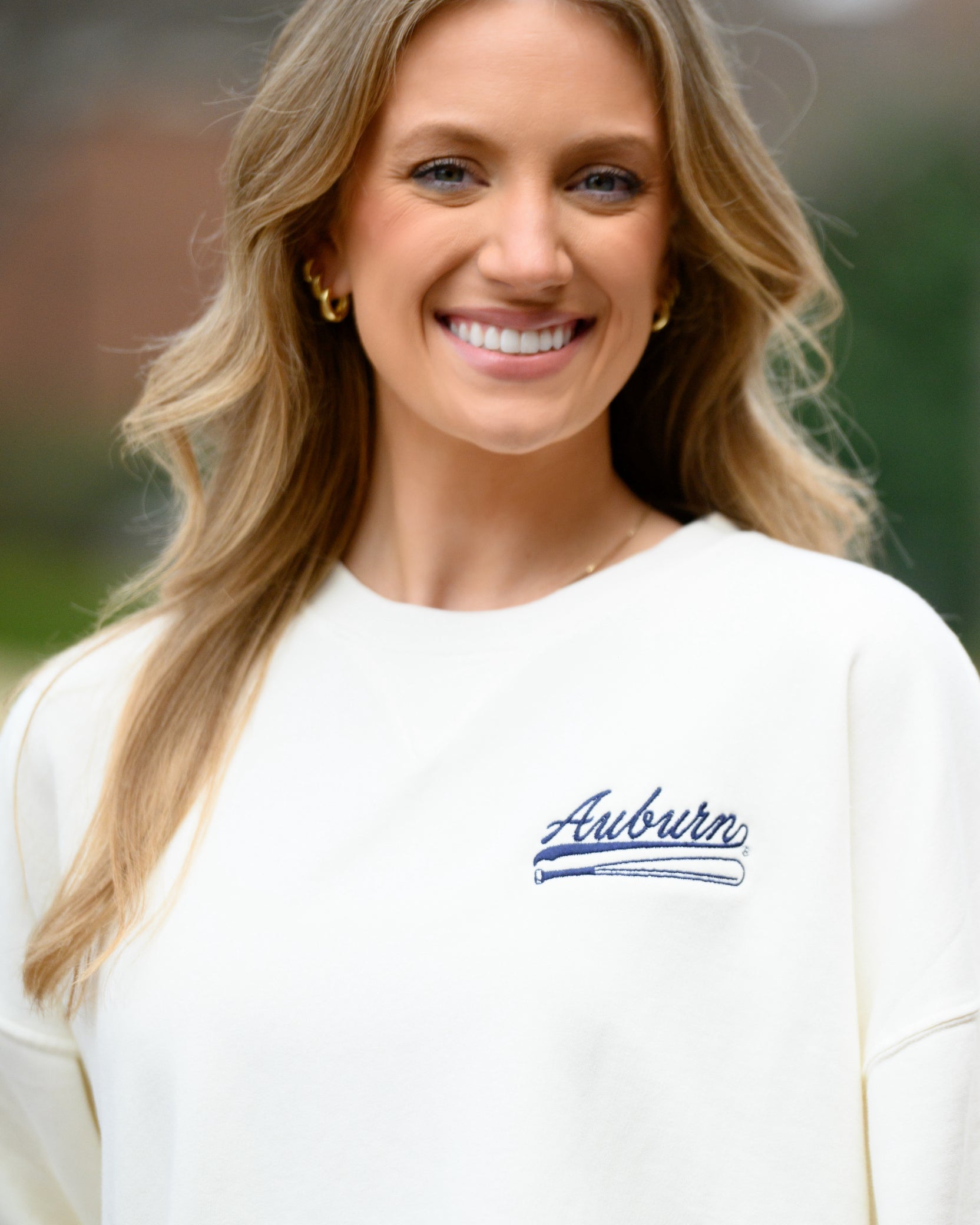 Auburn University Cream Sweatshirt with Navy “Auburn” script and baseball bat embroidery