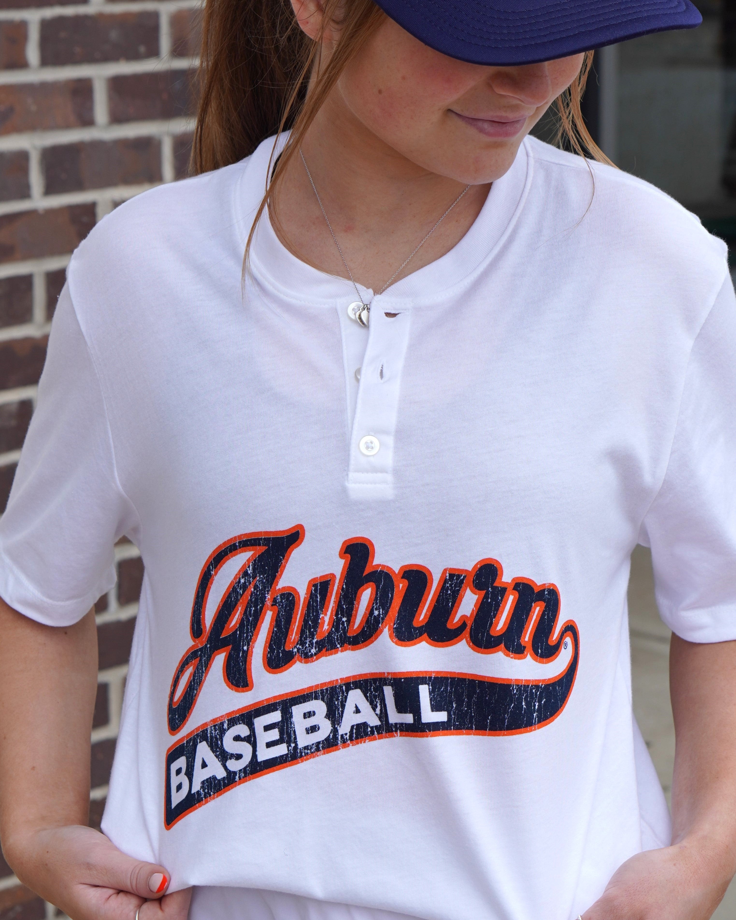 Auburn University Auburn Baseball White Ladies' Henley with Navy script "Auburn" and white text "BASEBALL" inside of the script tail