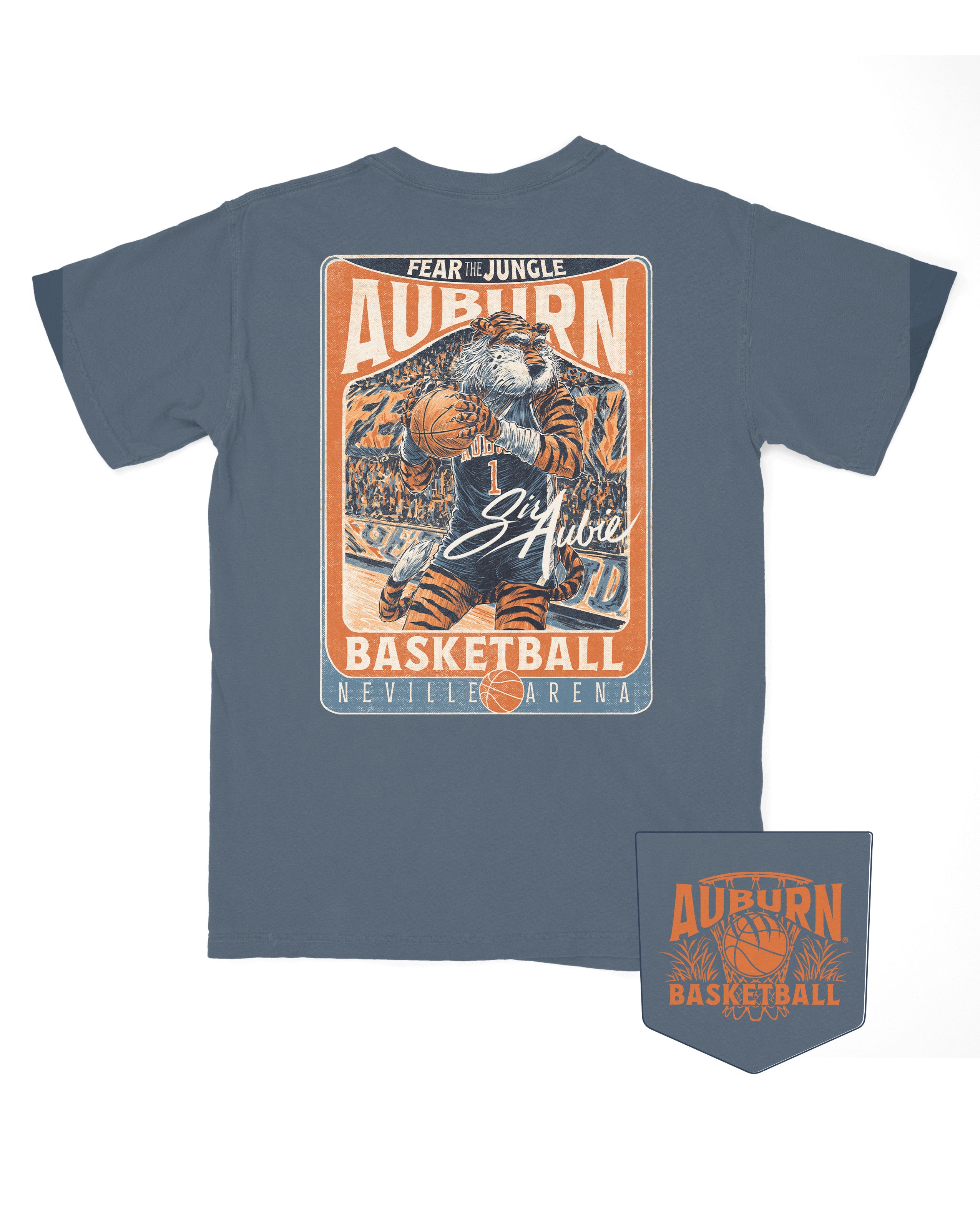 Auburn University Dark Blue T-Shirt with a basketball card style design featuring Aubie dribbling a basketball down the court in between text “Fear the Jungle Auburn” and “Basketball Neville Arena” and with an autograph from “Sir Aubie”