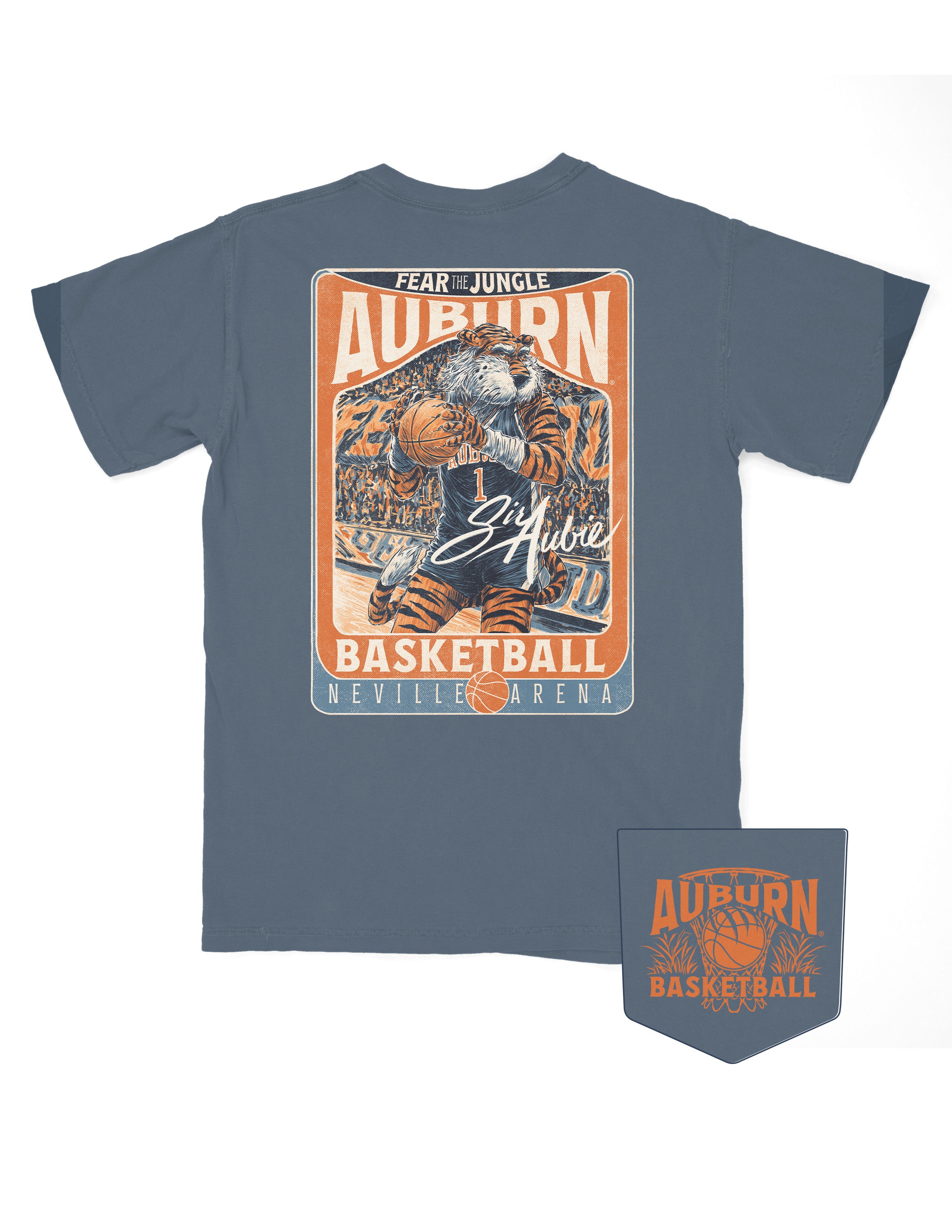 Auburn University Dark Blue T-Shirt with a basketball card style design featuring Aubie dribbling a basketball down the court in between text “Fear the Jungle Auburn” and “Basketball Neville Arena” and with an autograph from “Sir Aubie”