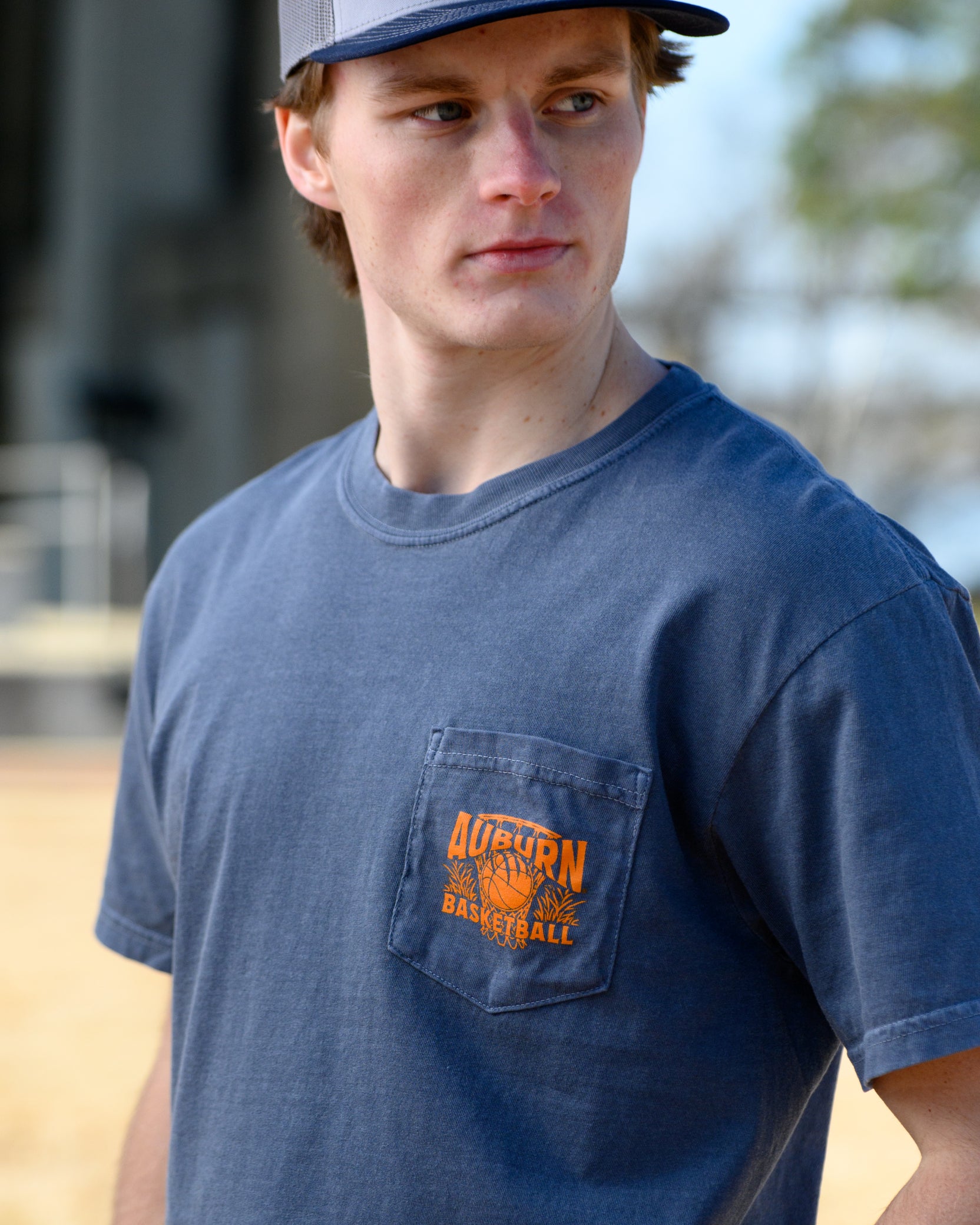 Auburn University Navy T-Shirt with Orange "Auburn Basketball" front pocket design