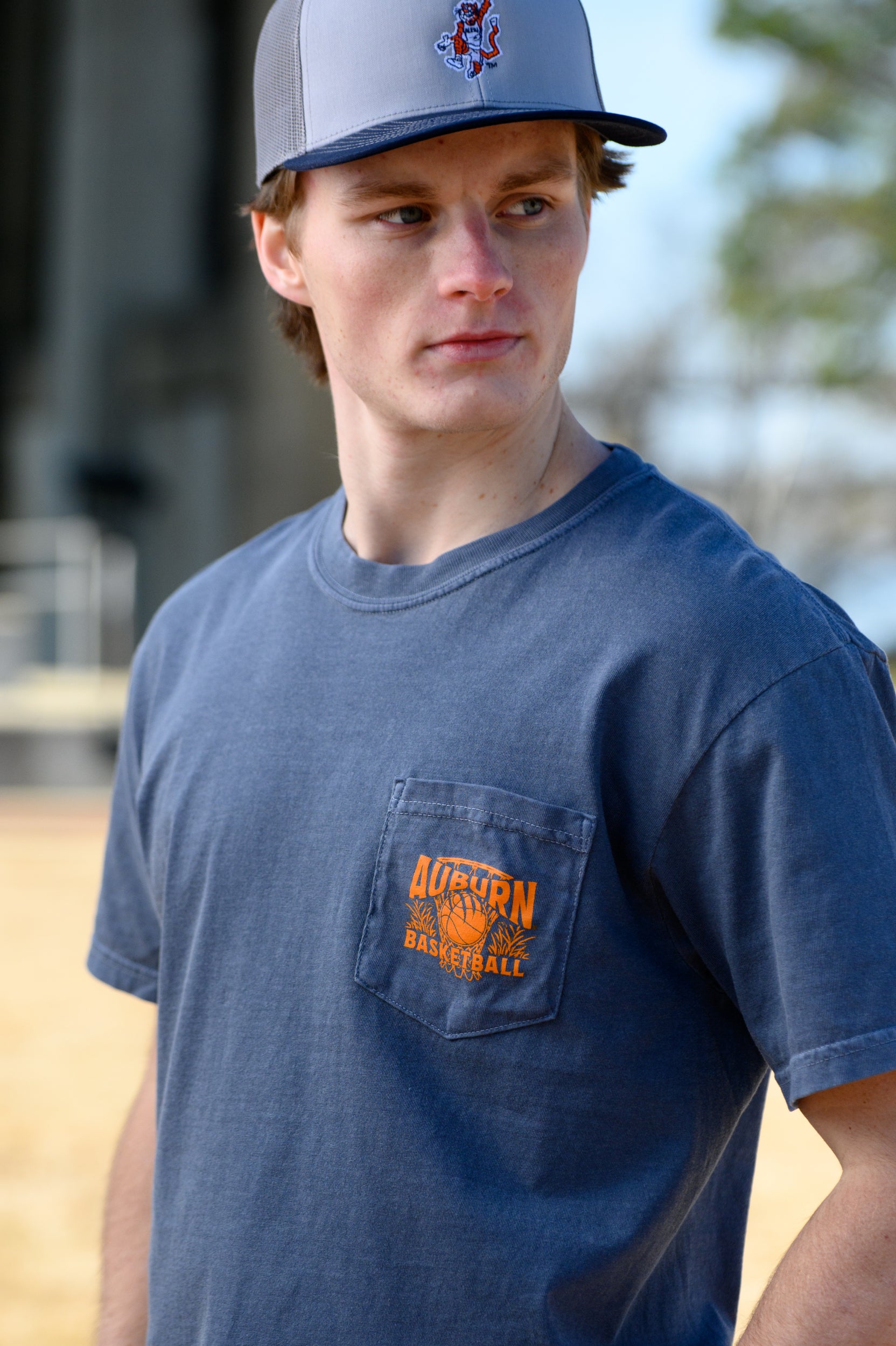 Auburn University Navy T-Shirt with Orange "Auburn Basketball" front pocket design