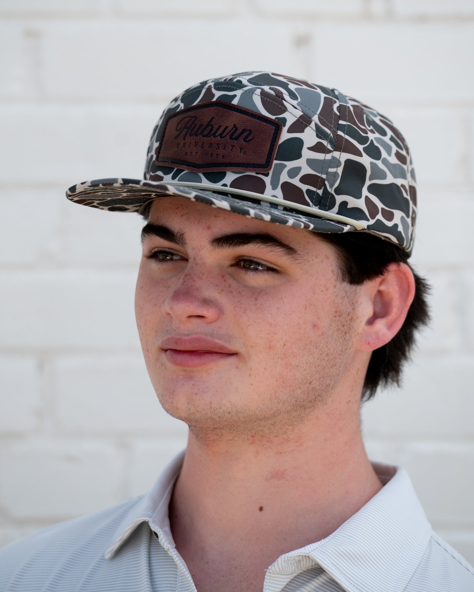 Auburn University Camo Hat with White rope and Leather patch with text "Auburn University"