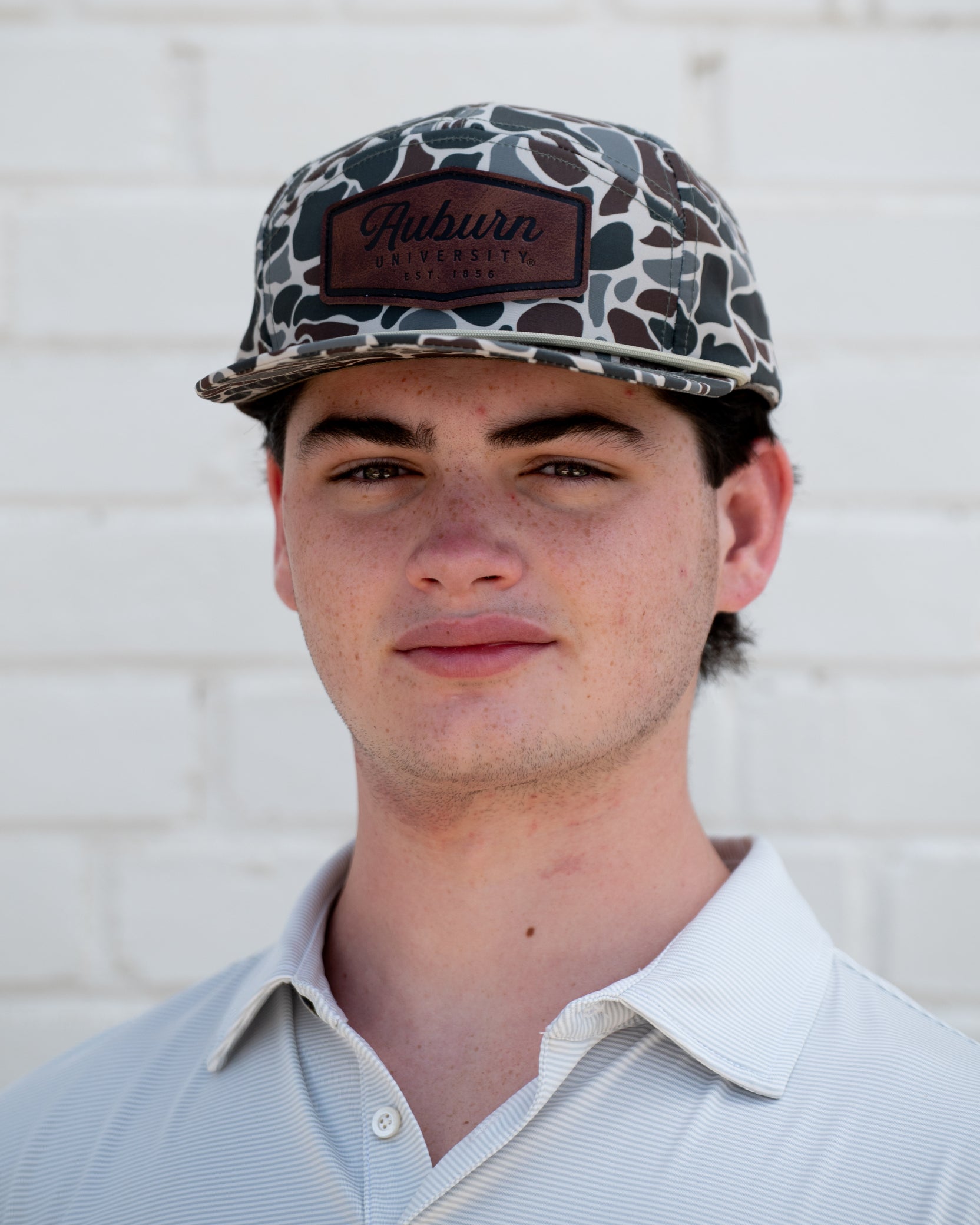 Auburn University Camo Hat with White rope and Leather patch with text "Auburn University"