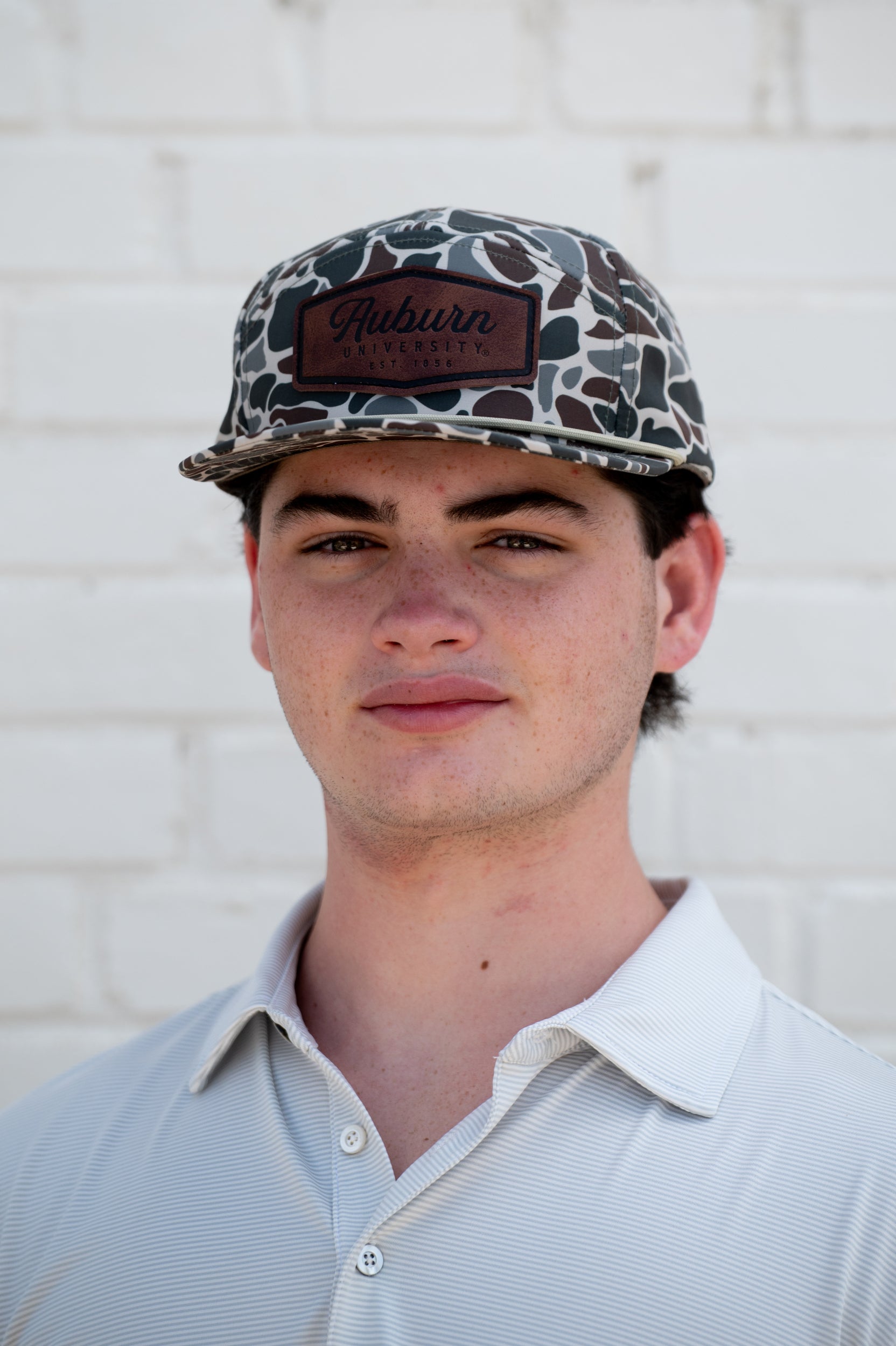 Auburn University Camo Hat with White rope and Leather patch with text "Auburn University"