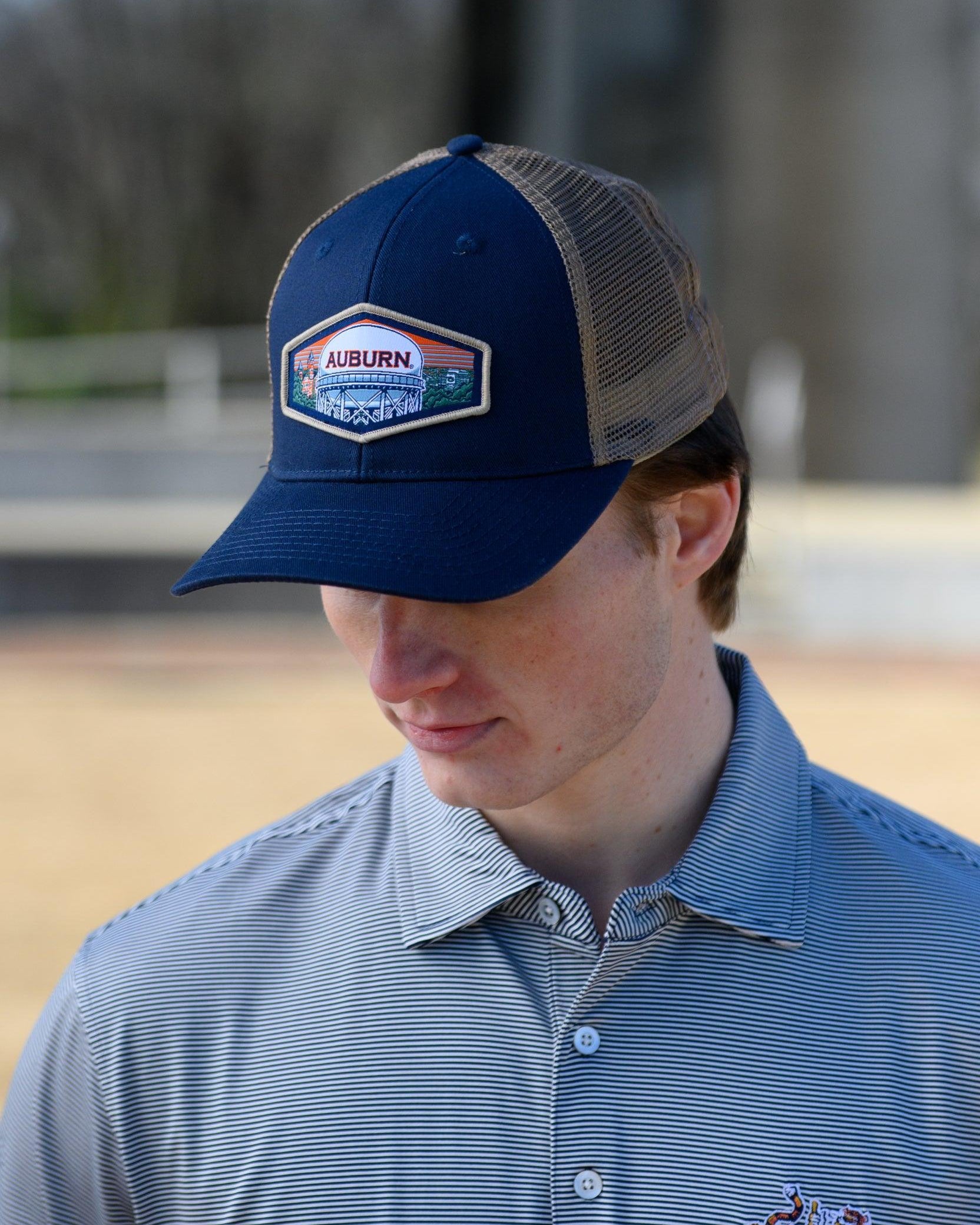 Auburn University Navy Trucker Hat with a woven patch depicting the Auburn University campus.