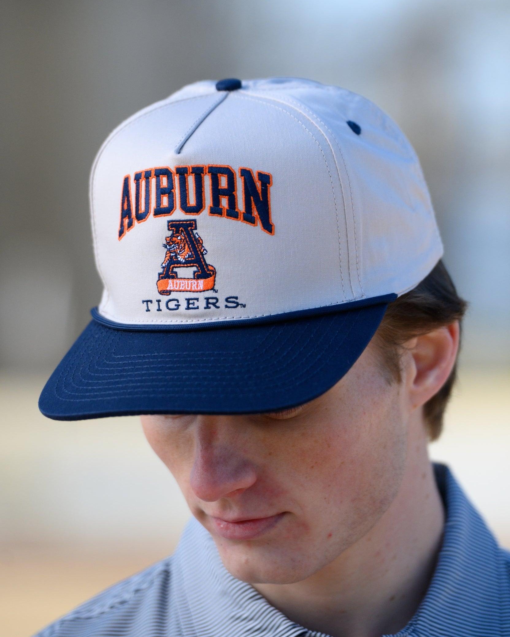 Auburn University White and Navy Rope Hat with the Leaping Tiger logo under Navy text "Auburn"