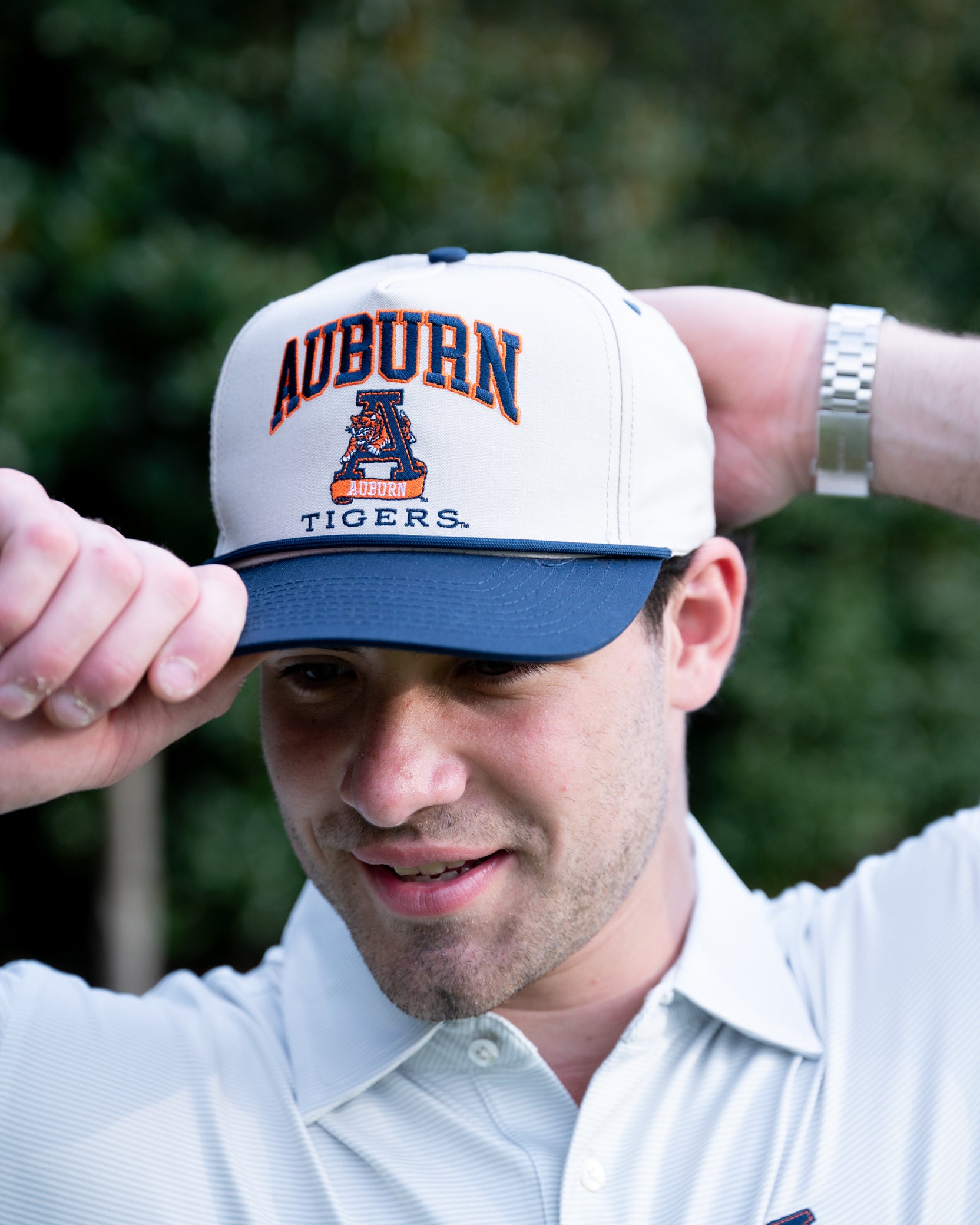 Auburn University White and Navy Rope Hat with the Leaping Tiger logo under Navy text "Auburn"