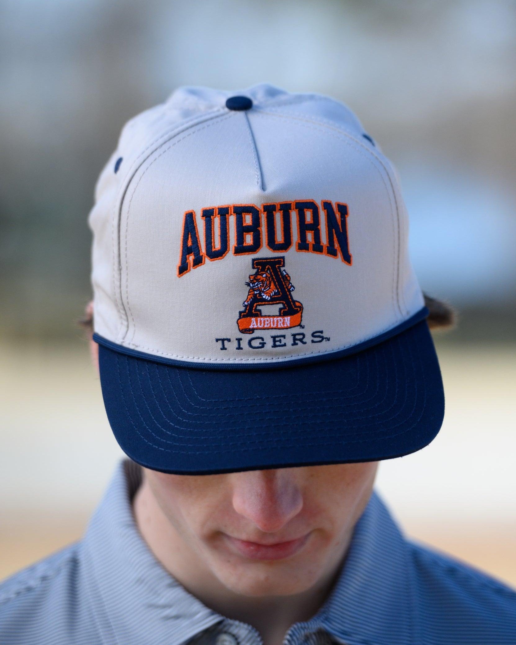 Auburn University White and Navy Rope Hat with the Leaping Tiger logo under Navy text "Auburn"