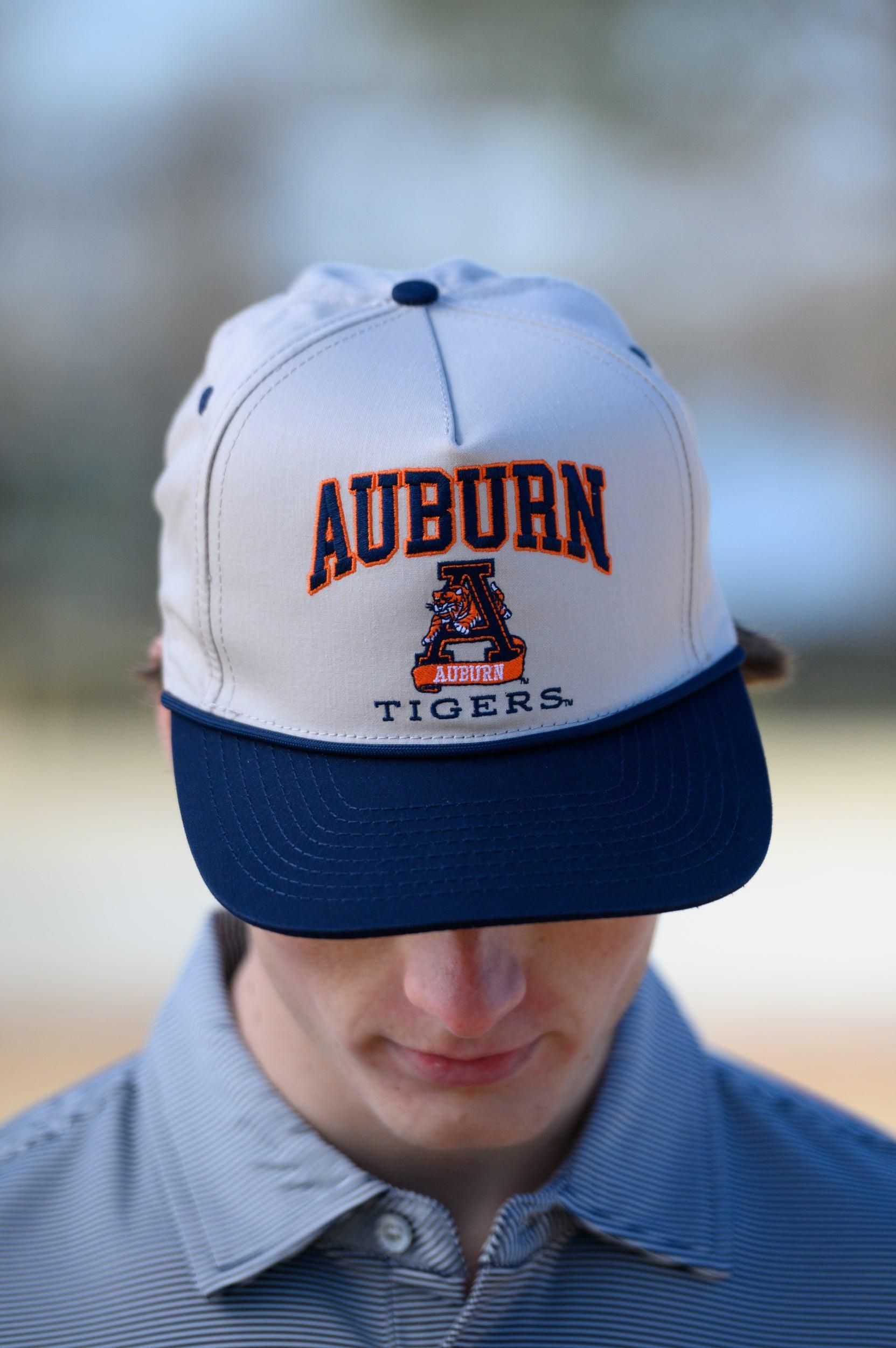 Auburn University White and Navy Rope Hat with the Leaping Tiger logo under Navy text "Auburn"