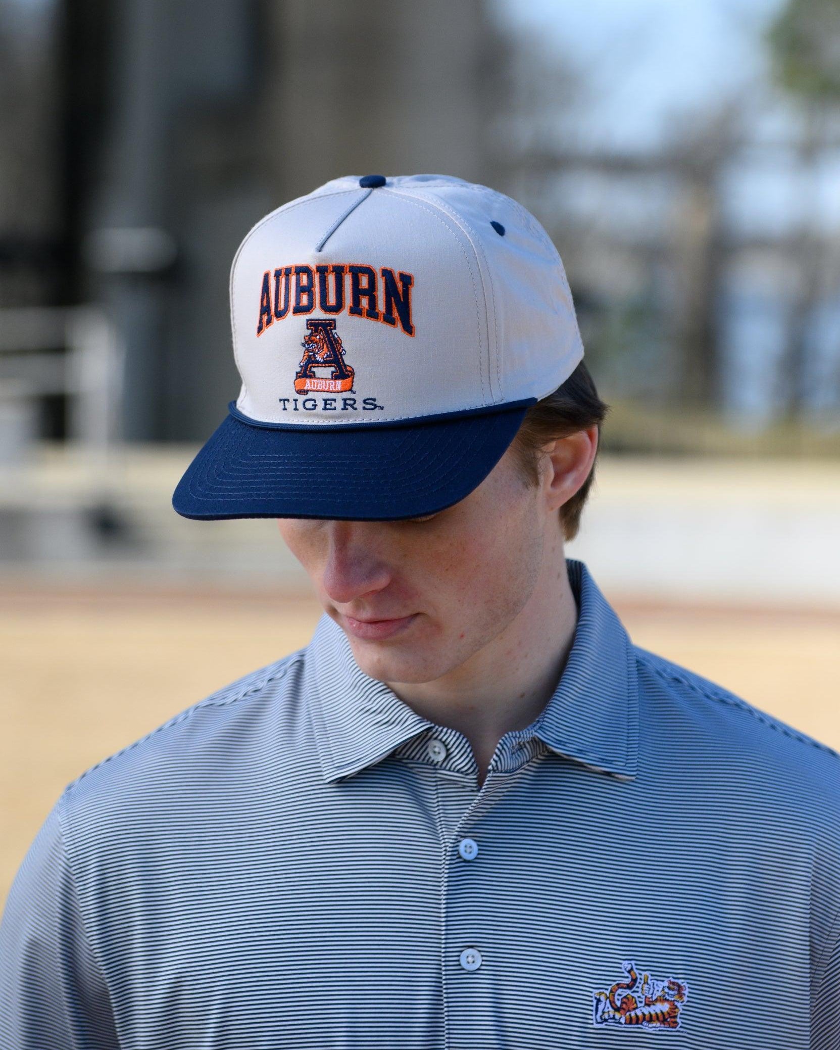 Auburn University White and Navy Rope Hat with the Leaping Tiger logo under Navy text "Auburn"