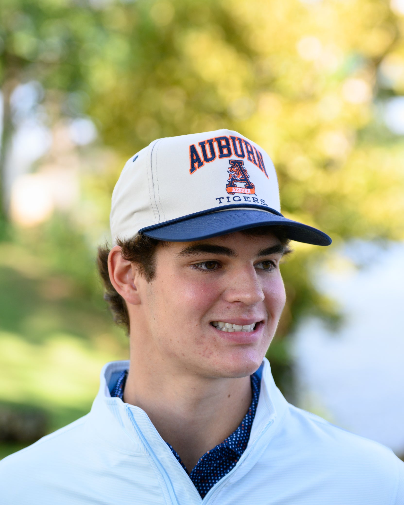 Auburn University White and Navy Rope Hat with the Leaping Tiger logo under Navy text "Auburn"