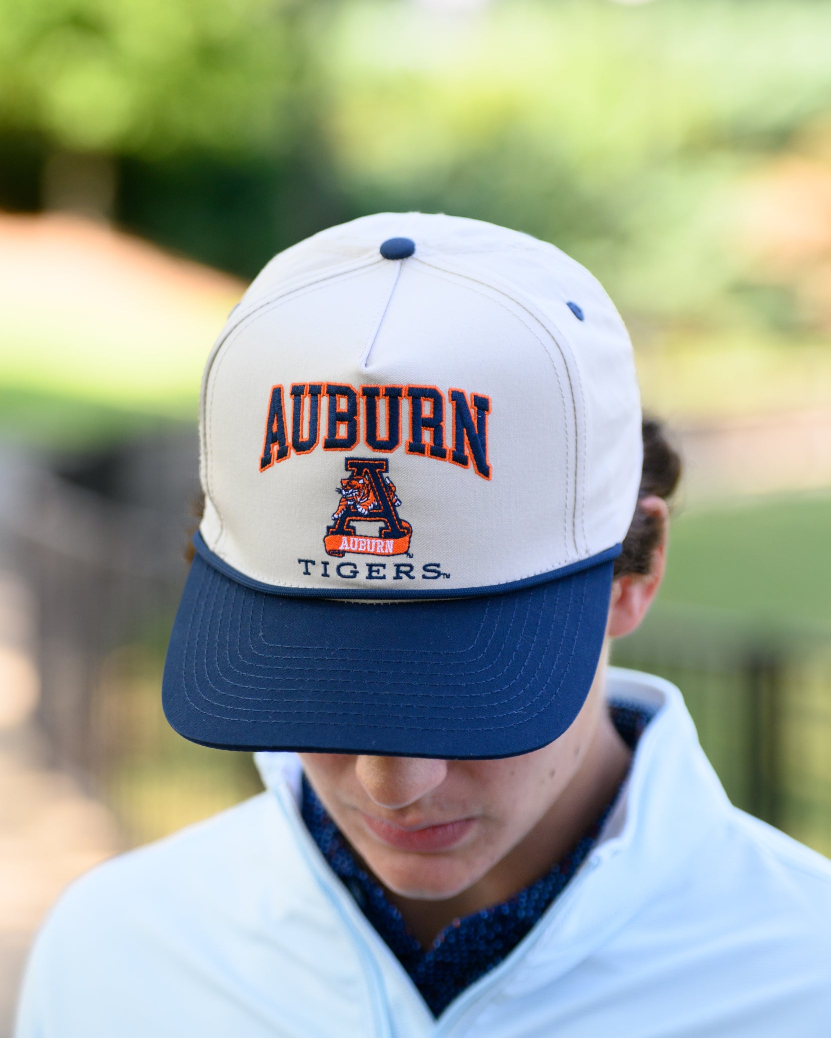 Auburn University White and Navy Rope Hat with the Leaping Tiger logo under Navy text "Auburn"