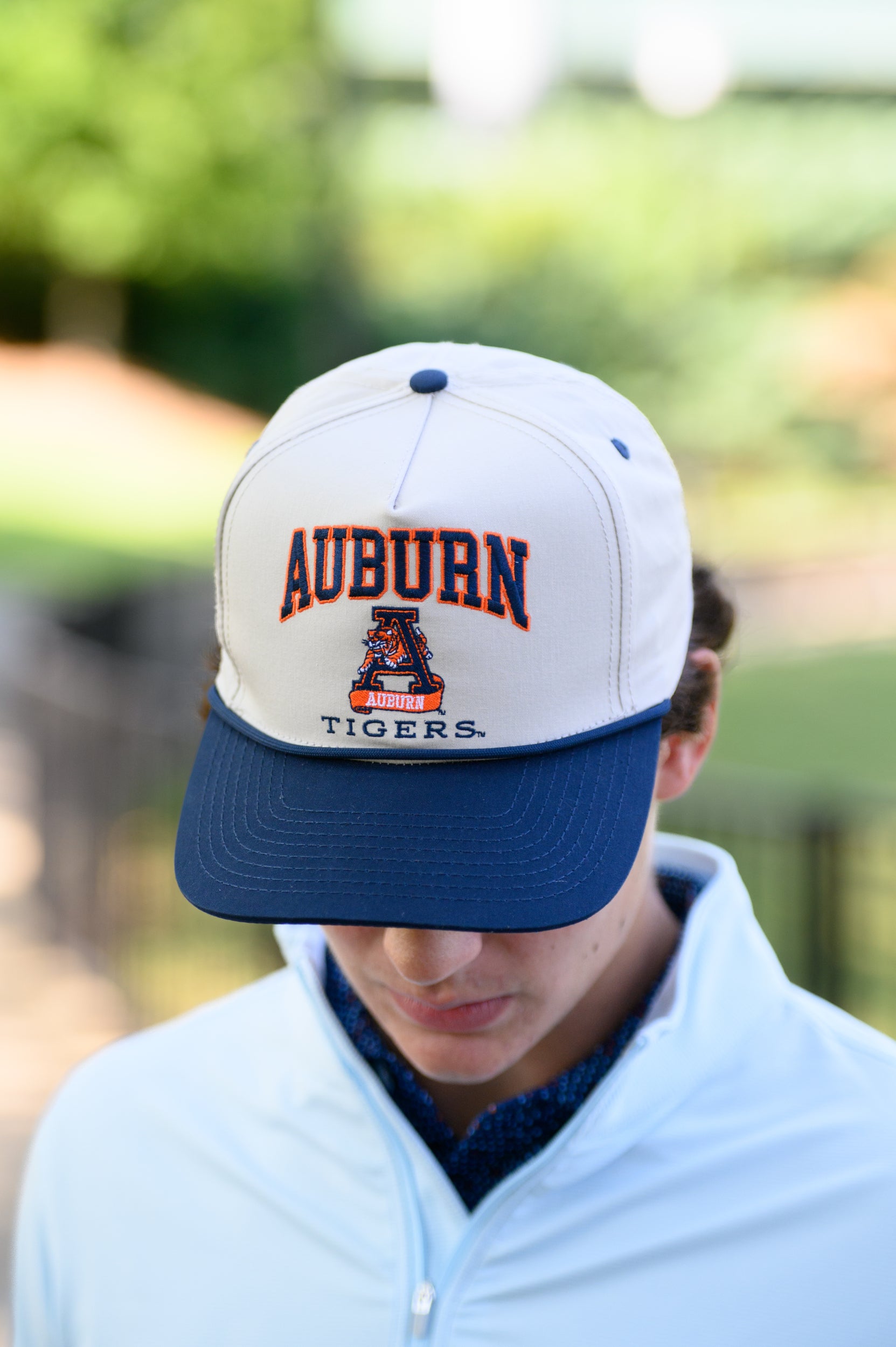 Auburn University White and Navy Rope Hat with the Leaping Tiger logo under Navy text "Auburn"
