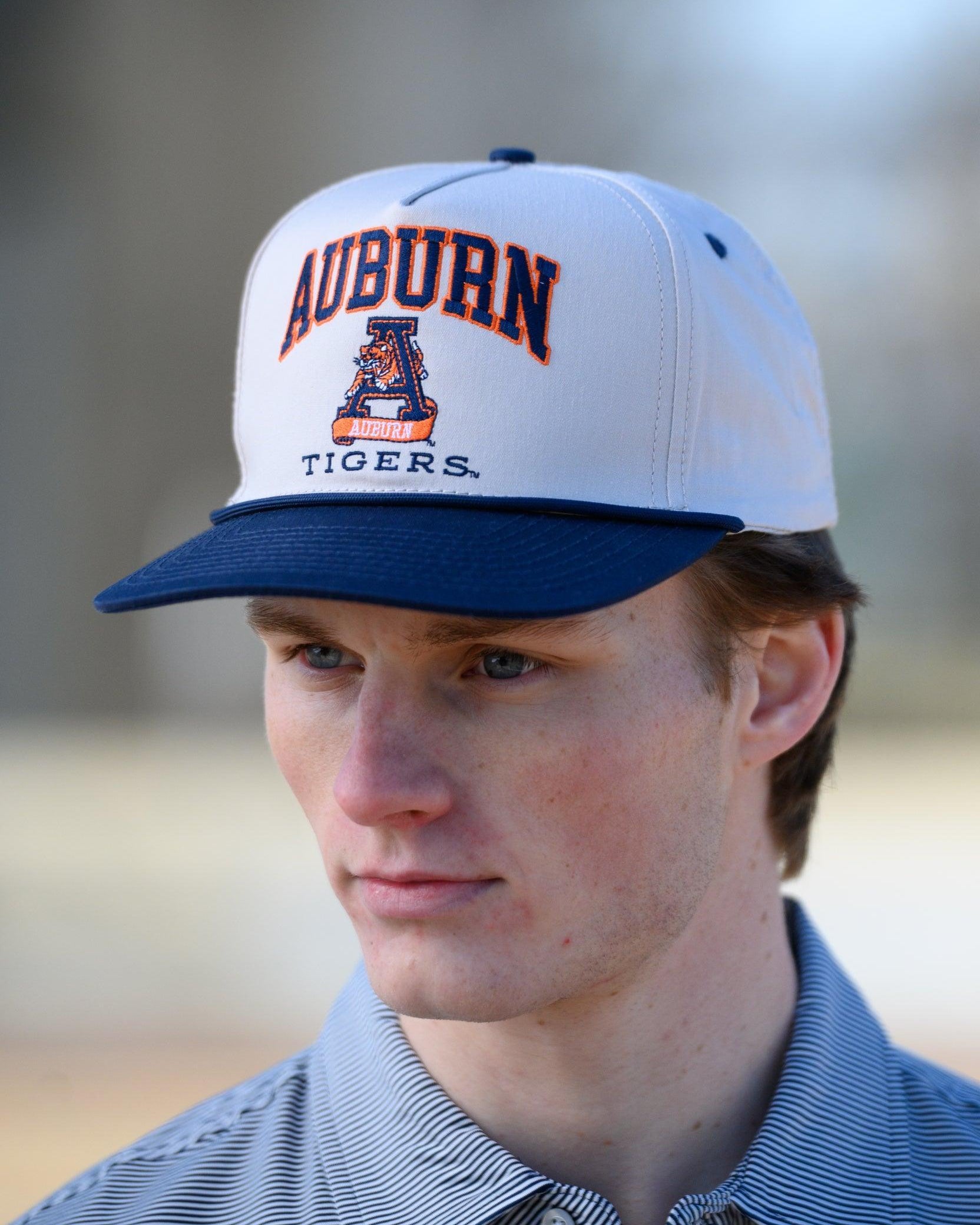 Auburn University White and Navy Rope Hat with the Leaping Tiger logo under Navy text "Auburn"